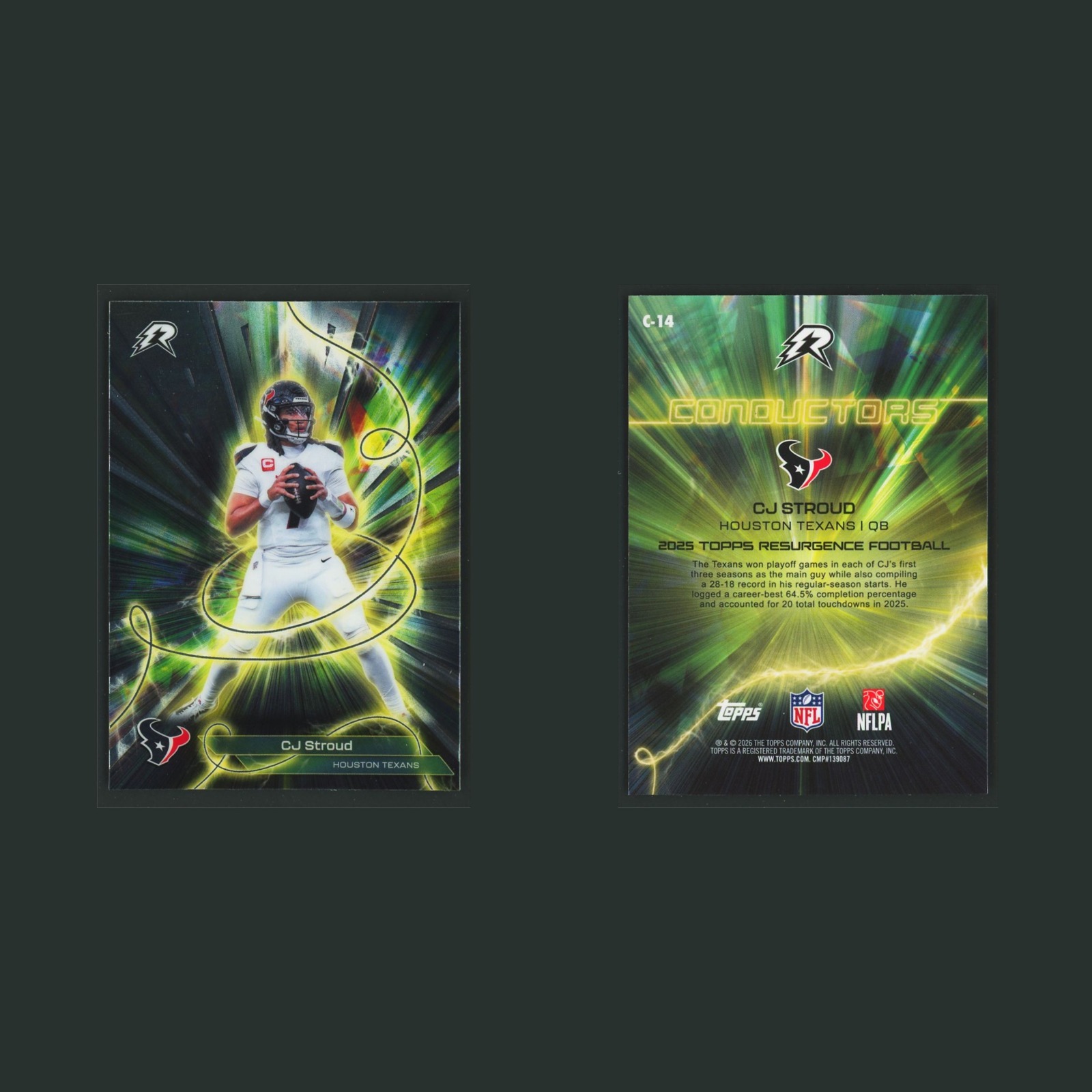 CJ Stroud #C-14 2025 Topps Resurgence Conductors Houston Texans Football Card front and back scans. Card condition is Near Mint.