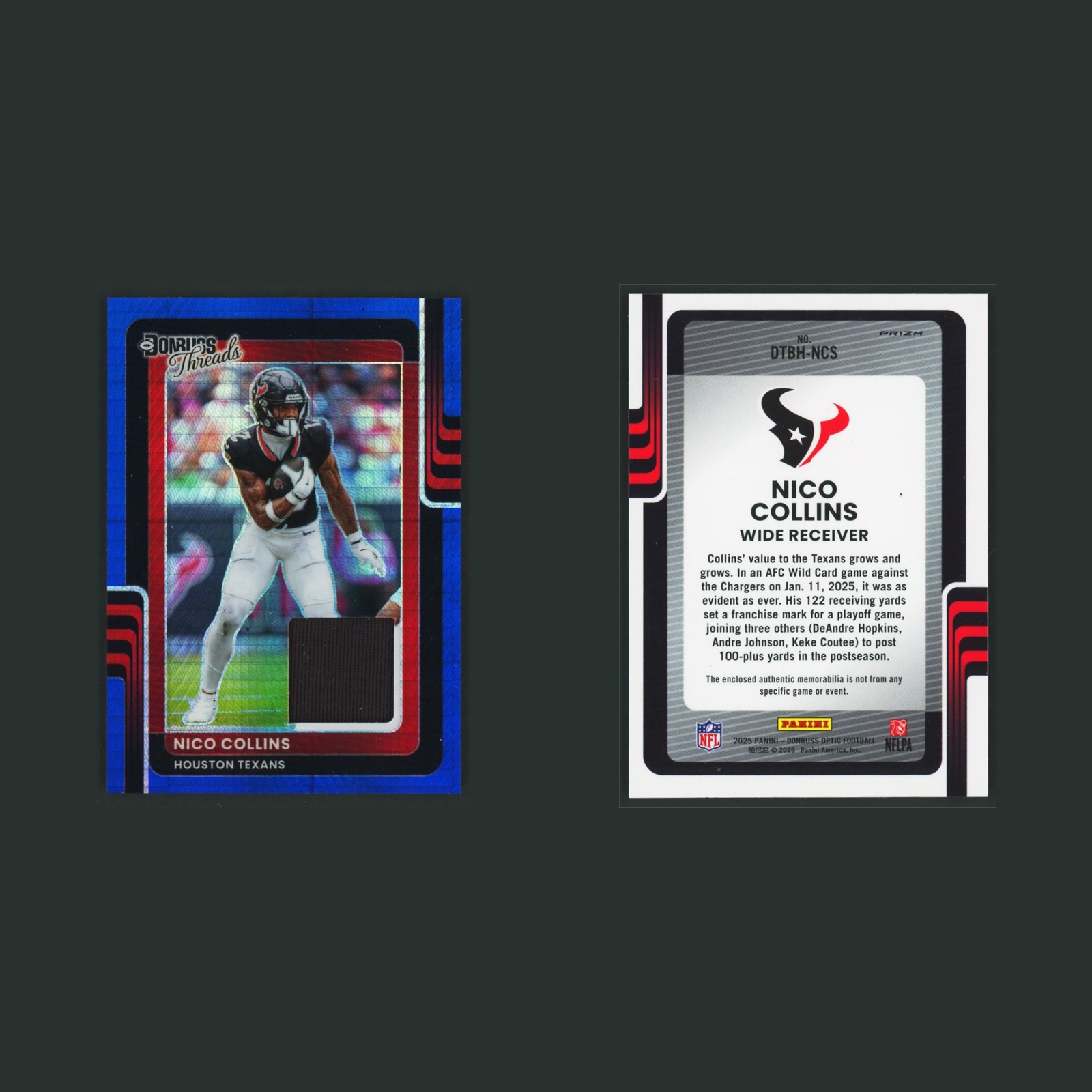 Nico Collins Patch #DTBH-NCS 2025 Donruss Optic Threads Blue Hyper Prizm Texans front and back scans. Card condition is Near Mint.