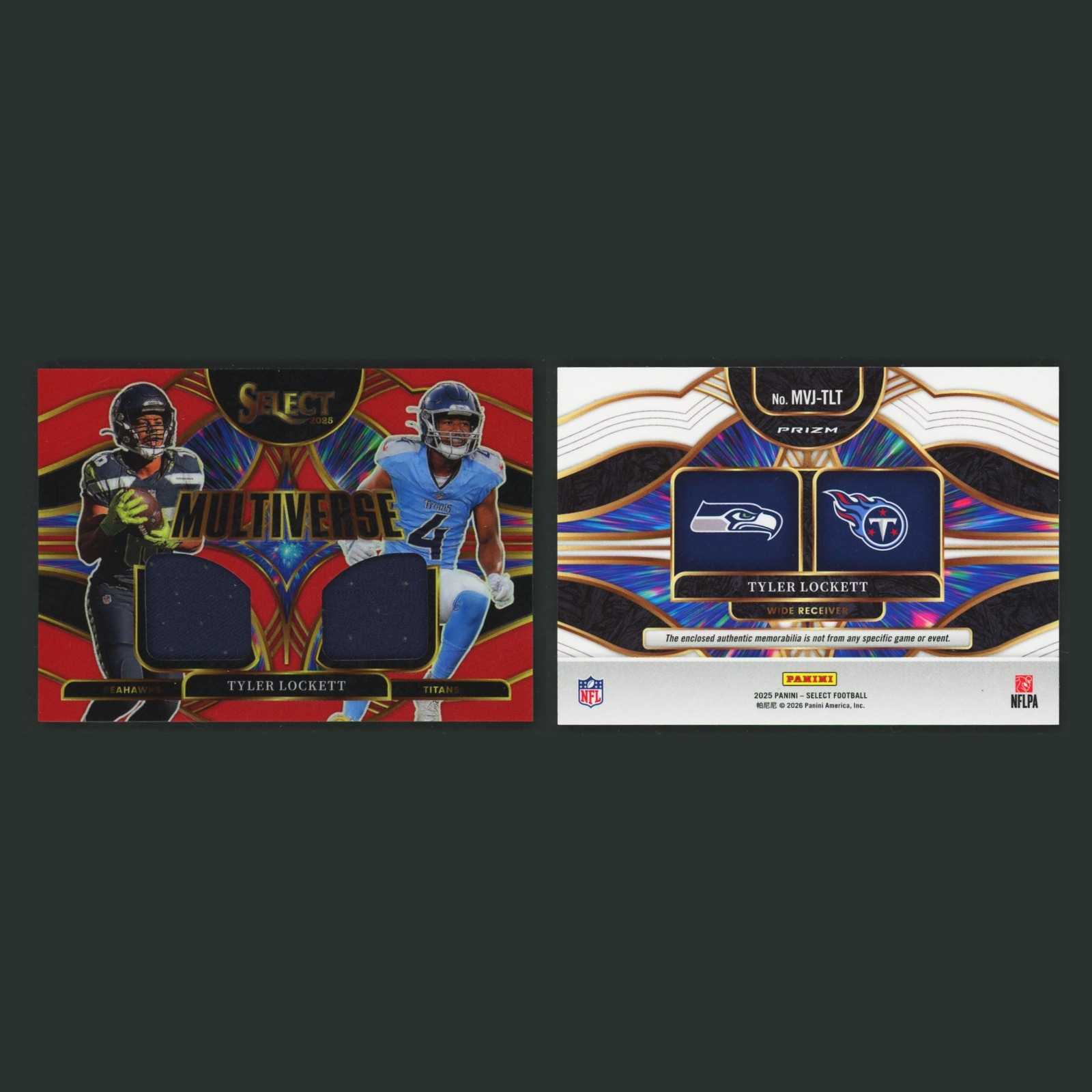Tyler Lockett Patch #MVJ-TLT 2025 Panini Select Multiverse Jerseys Red Prizm NFL front and back scans. Card condition is Near Mint.