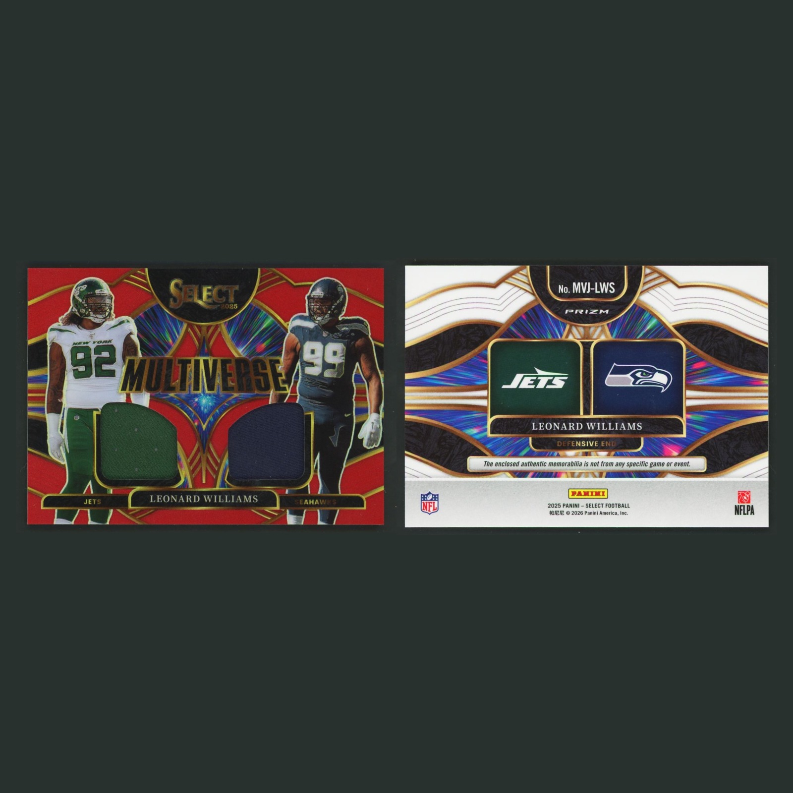Leonard Williams Patch #MVJ-LWS 2025 Panini Select Multiverse Jerseys Red Prizm front and back scans. Card condition is Near Mint.