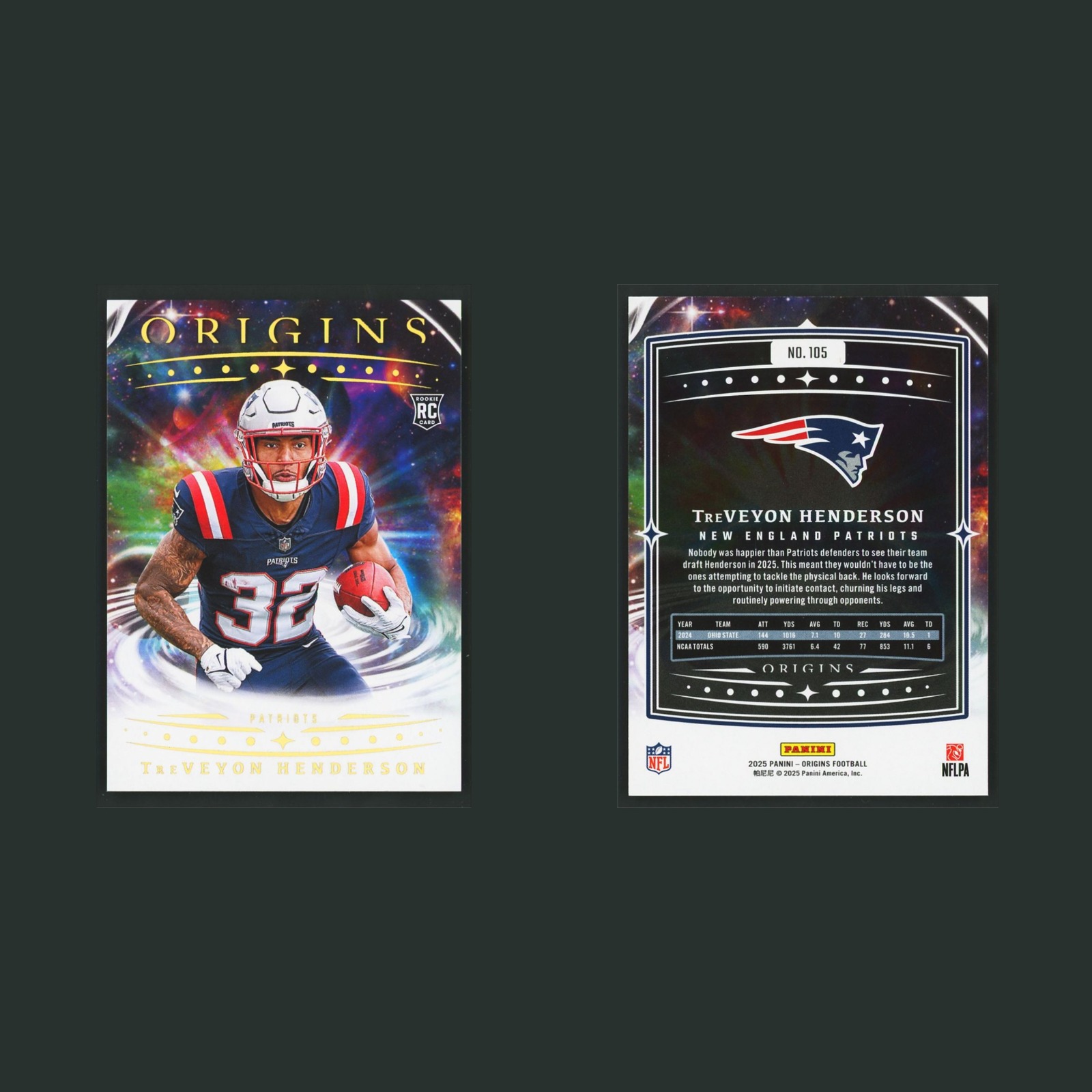 TreVeyon Henderson Rookie #105 2025 Panini Origins New England Patriots Football front and back scans. Card condition is Near Mint.