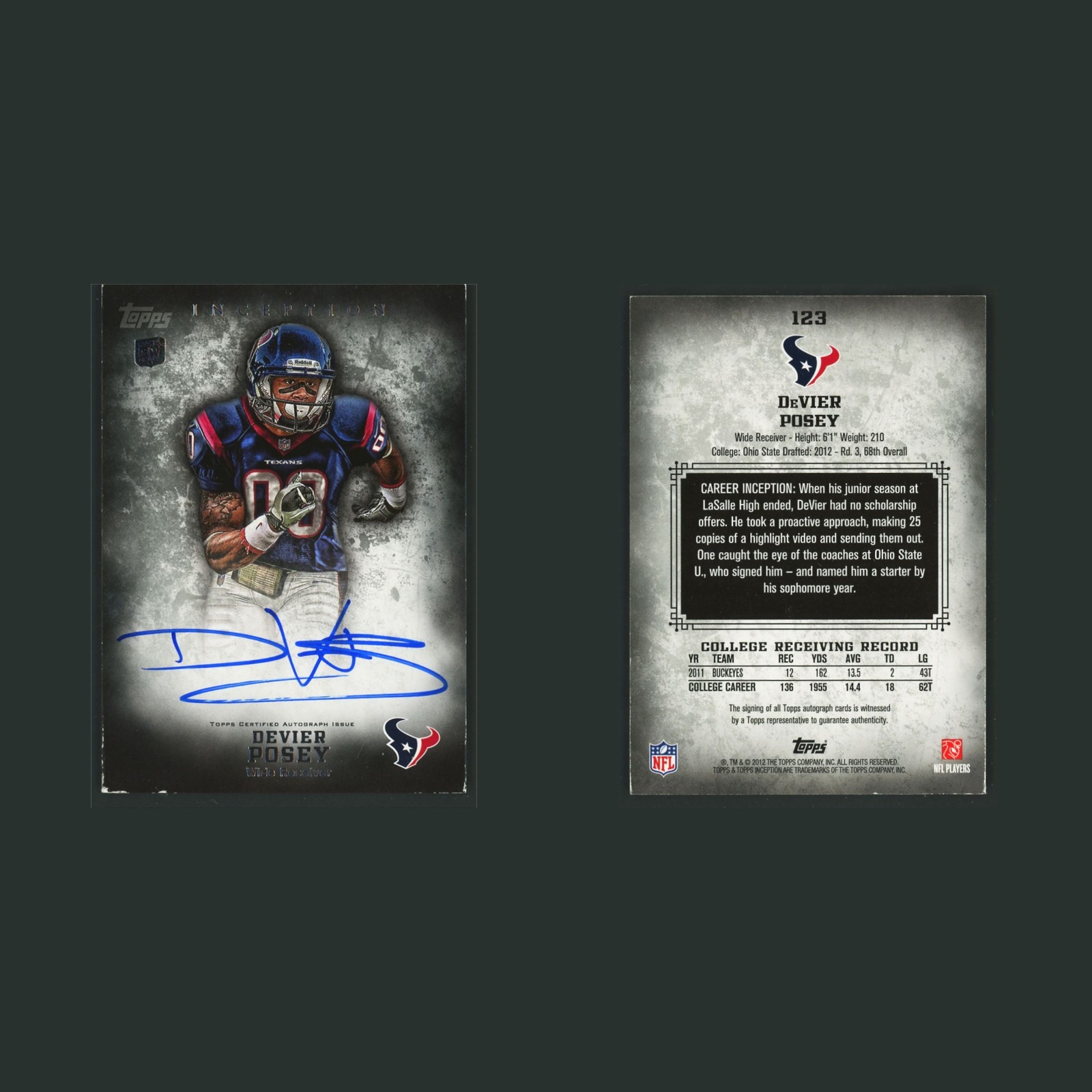 DeVier Posey Rookie #123 Autograph 2012 Topps Inception Houston Texans Football front and back scans. Card condition is Very Good.