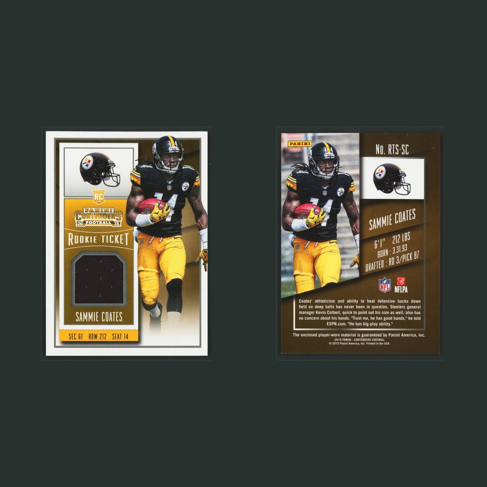 Sammie Coates Rookie Patch #RTS-SC 2015 Pittsburgh Steelers Football Card NFL front and back scans. Card condition is Near Mint.