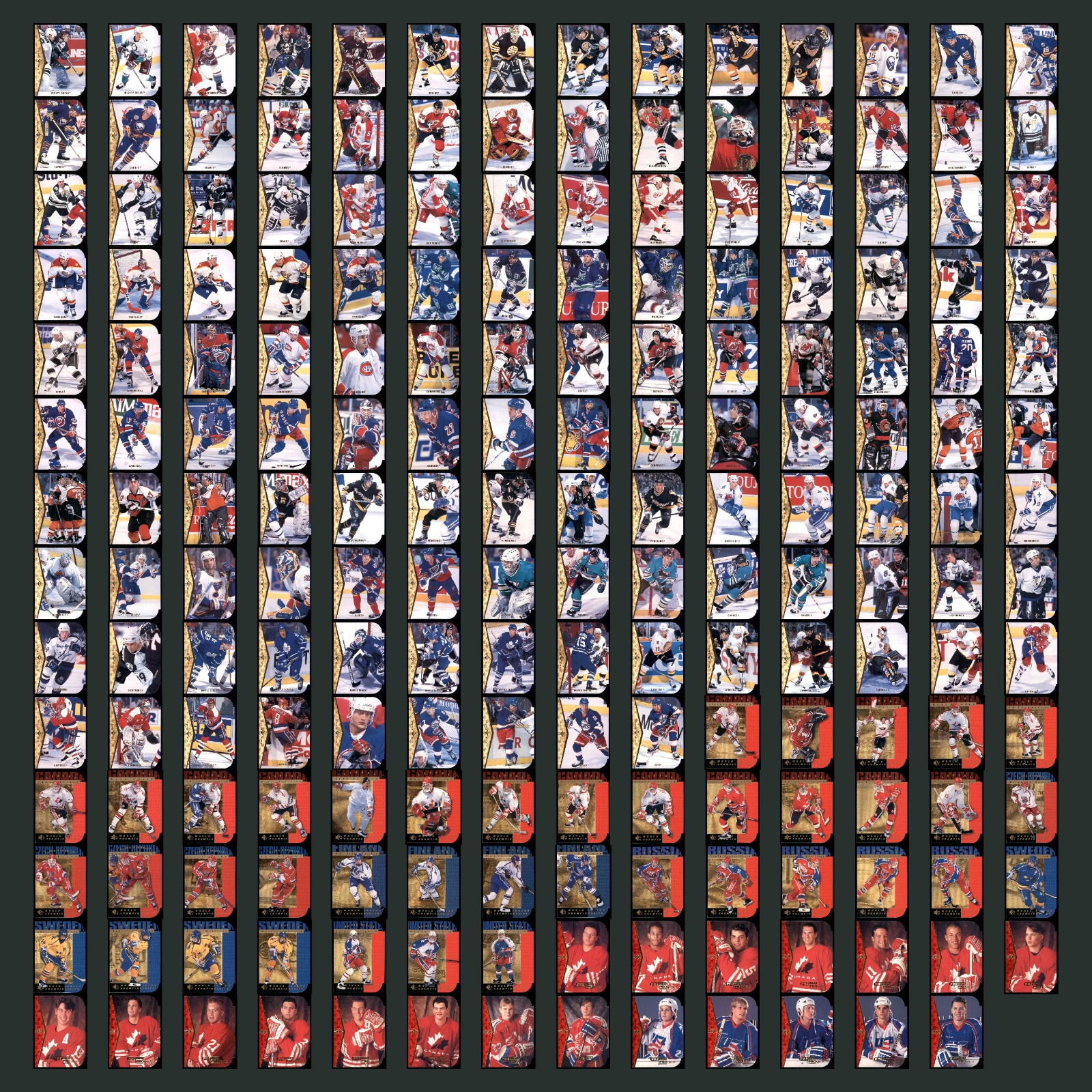 1994 Upper Deck SP Die-Cut Complete Set 195 Hockey Cards Theo Fleury/Paul Kariya card scans. Overall card condition is Near Mint.