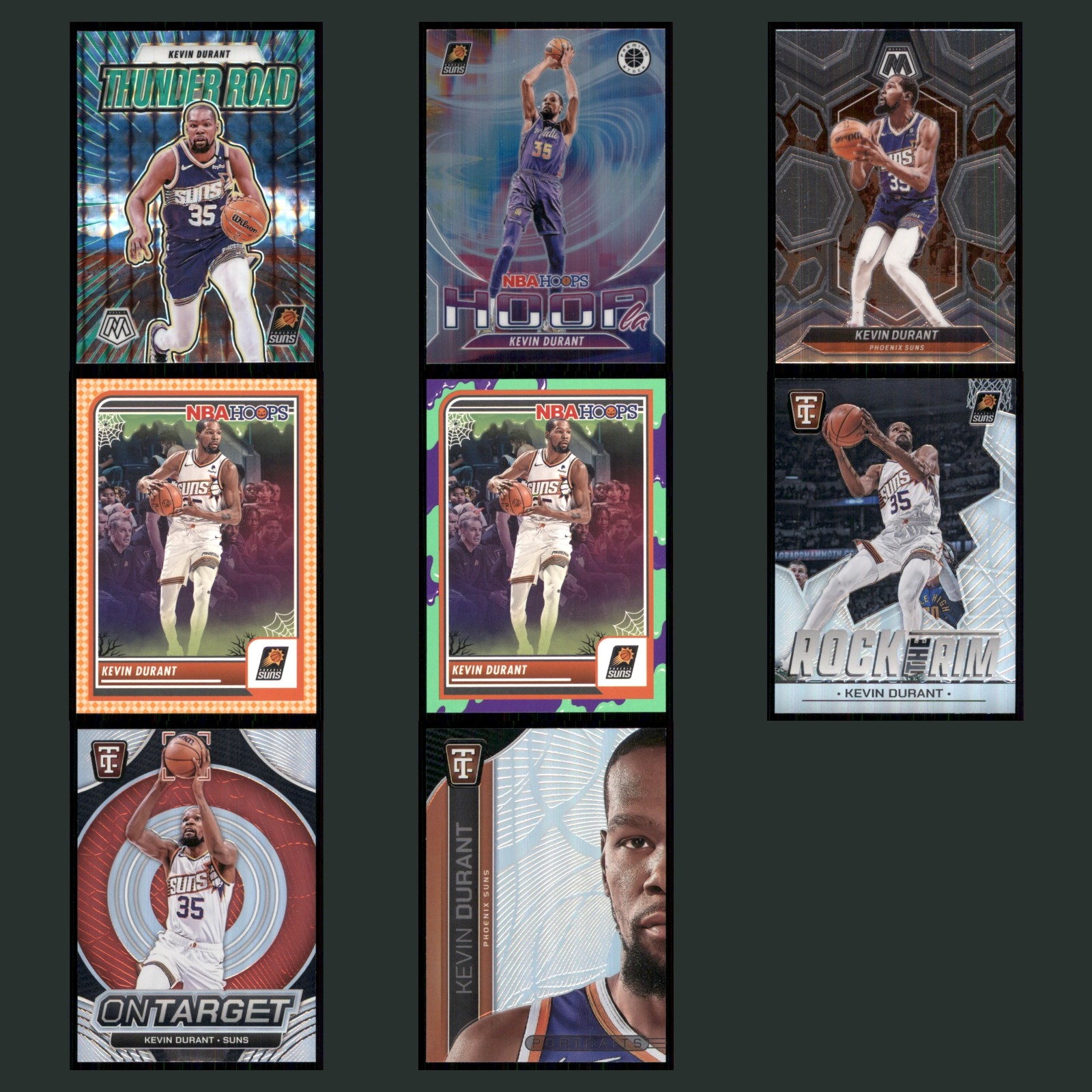 Kevin Durant Lot 8 Basketball Cards KD 2024 Panini Mosaic Thunder Road Prizm Set card scans. Overall card condition is Near Mint.
