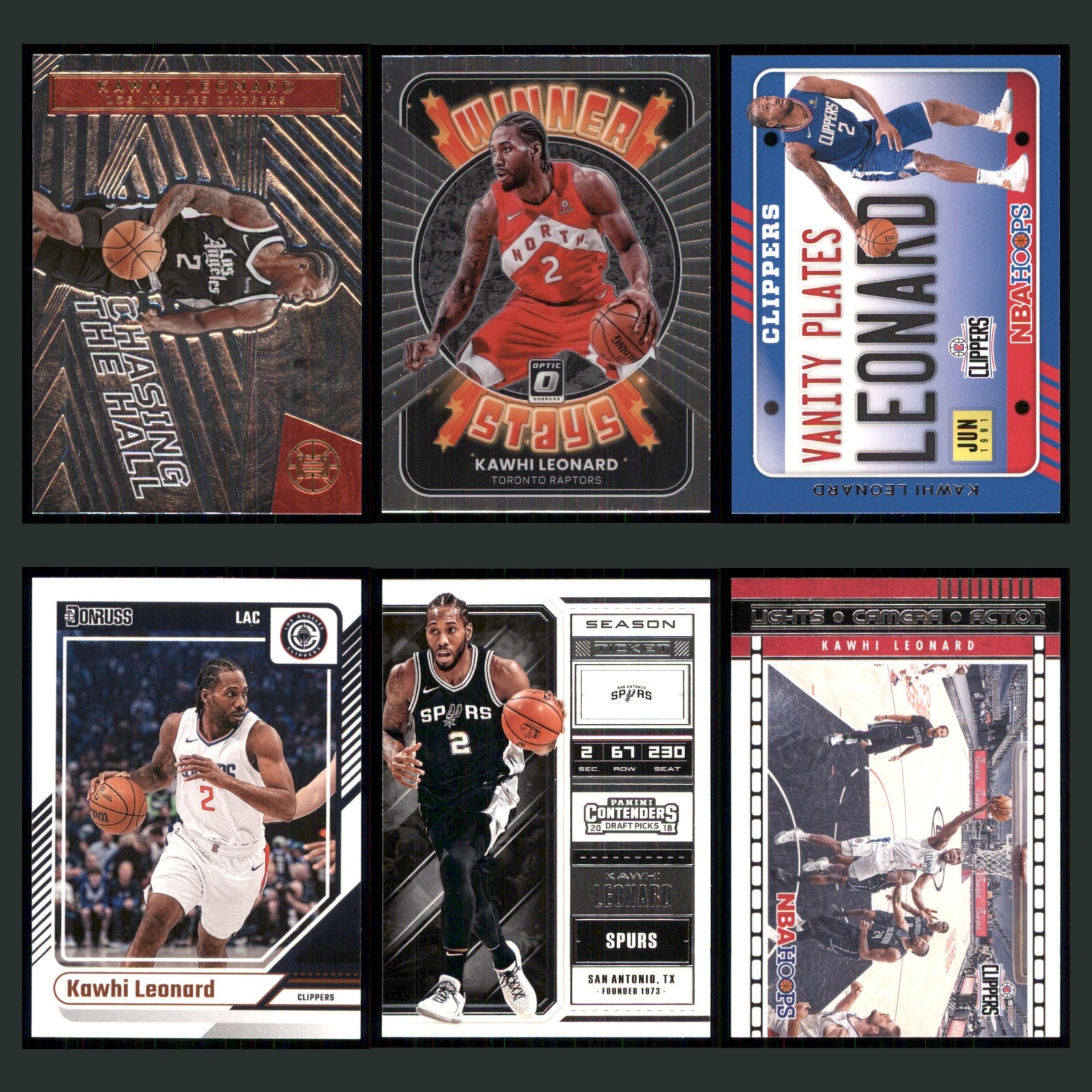 Kawhi Leonard Lot 6 Basketball Cards 2021 Panini Illusions Chasing the Hall Set card scans. Overall card condition is Near Mint.