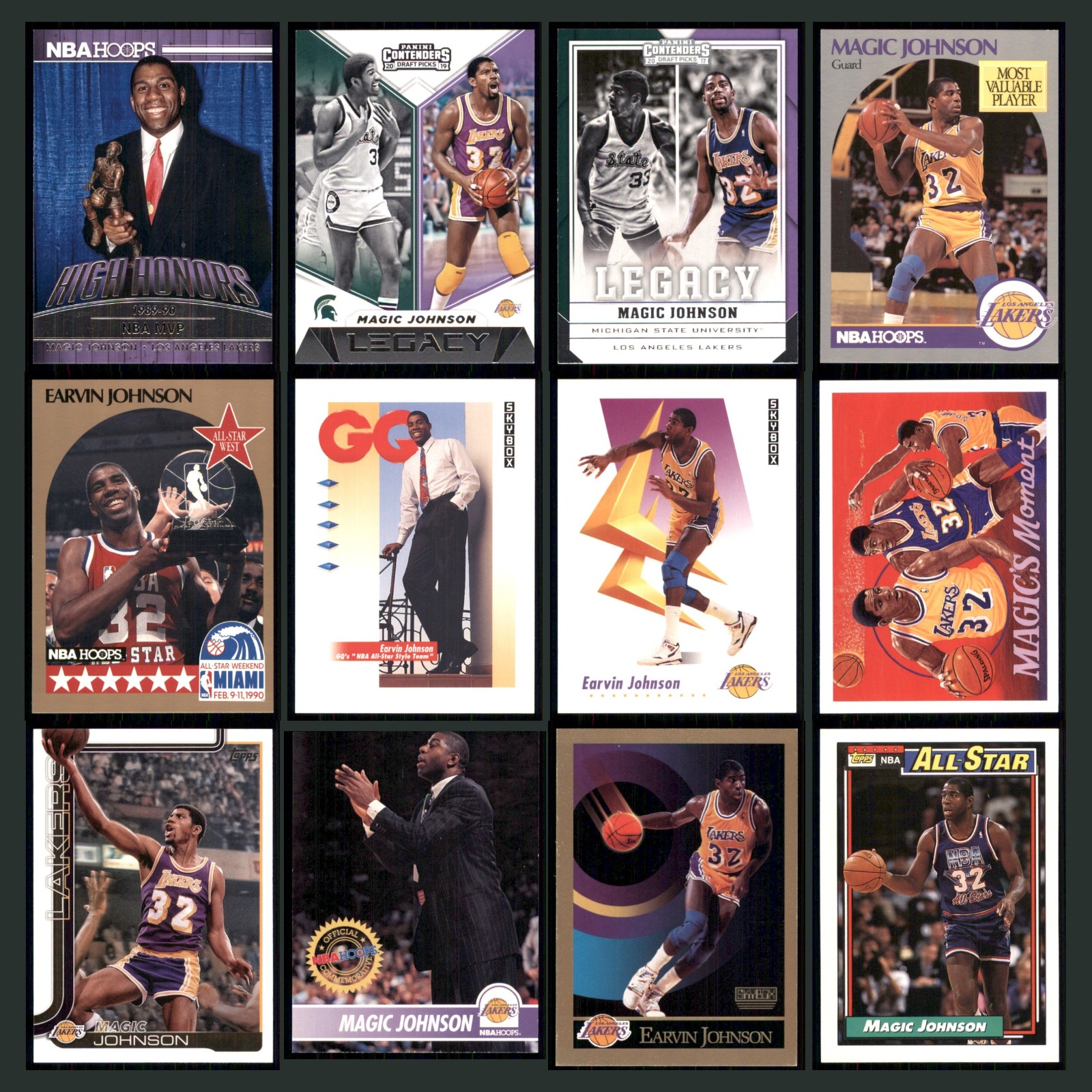 Magic Johnson Lot 12 Basketball Cards 2014 Hoops High Honors Los Angeles Lakers card scans. Overall card condition is Near Mint.