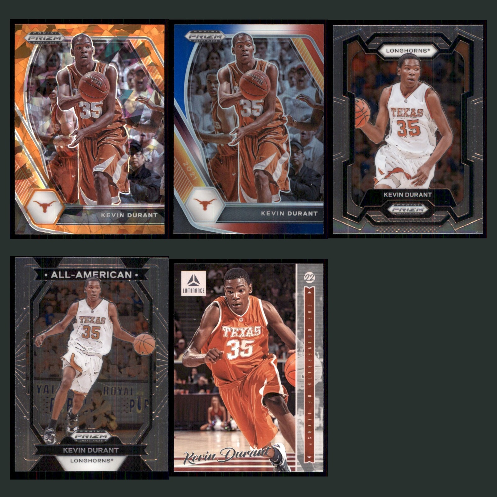 Kevin Durant Lot 5 Basketball Cards KD 2021 Panini Prizm Draft Picks Orange Ice card scans. Overall card condition is Near Mint.