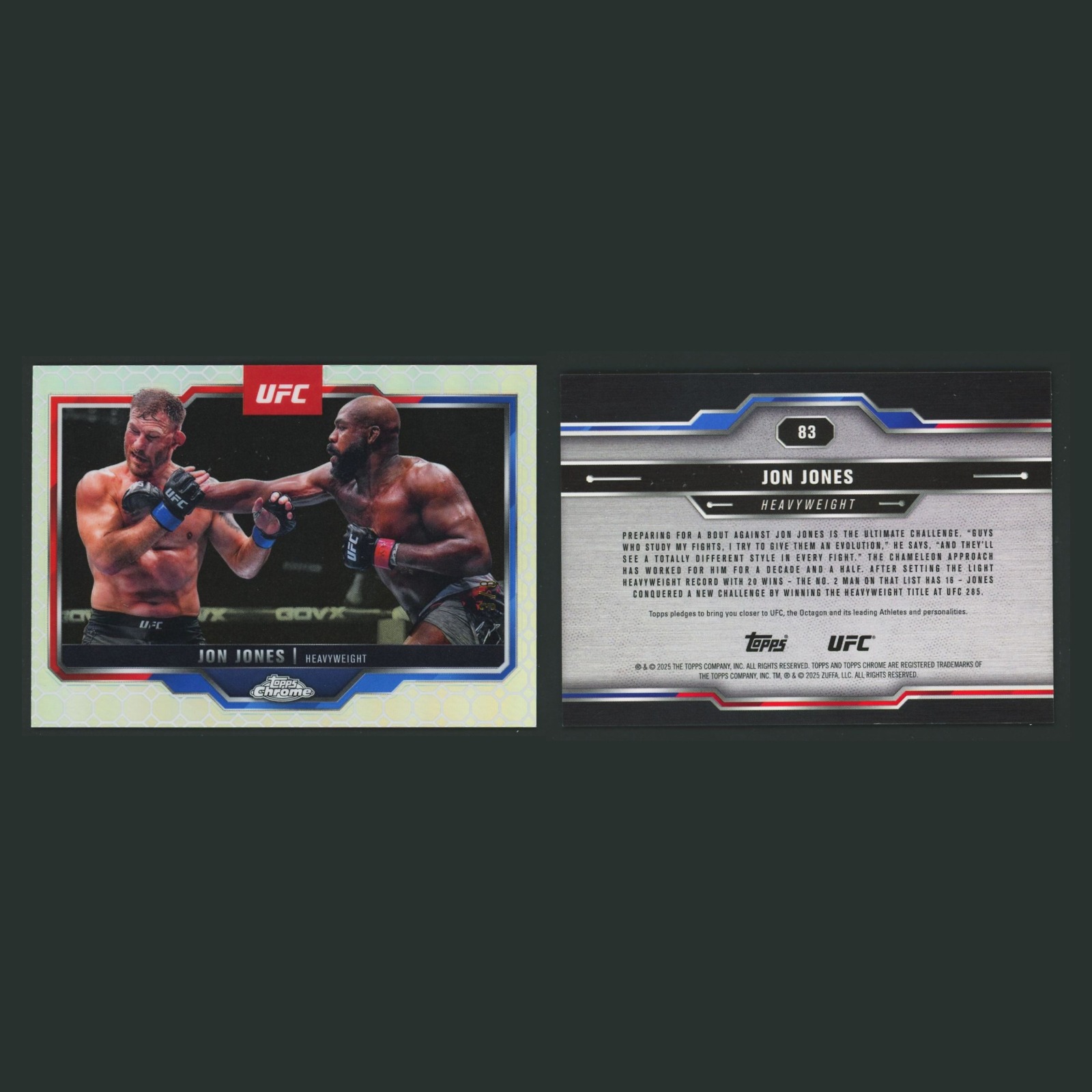 Jon Jones /8 #83 2025 Topps Chrome UFC OctaFractor MMA Card front and back scans. Card condition is Near Mint.