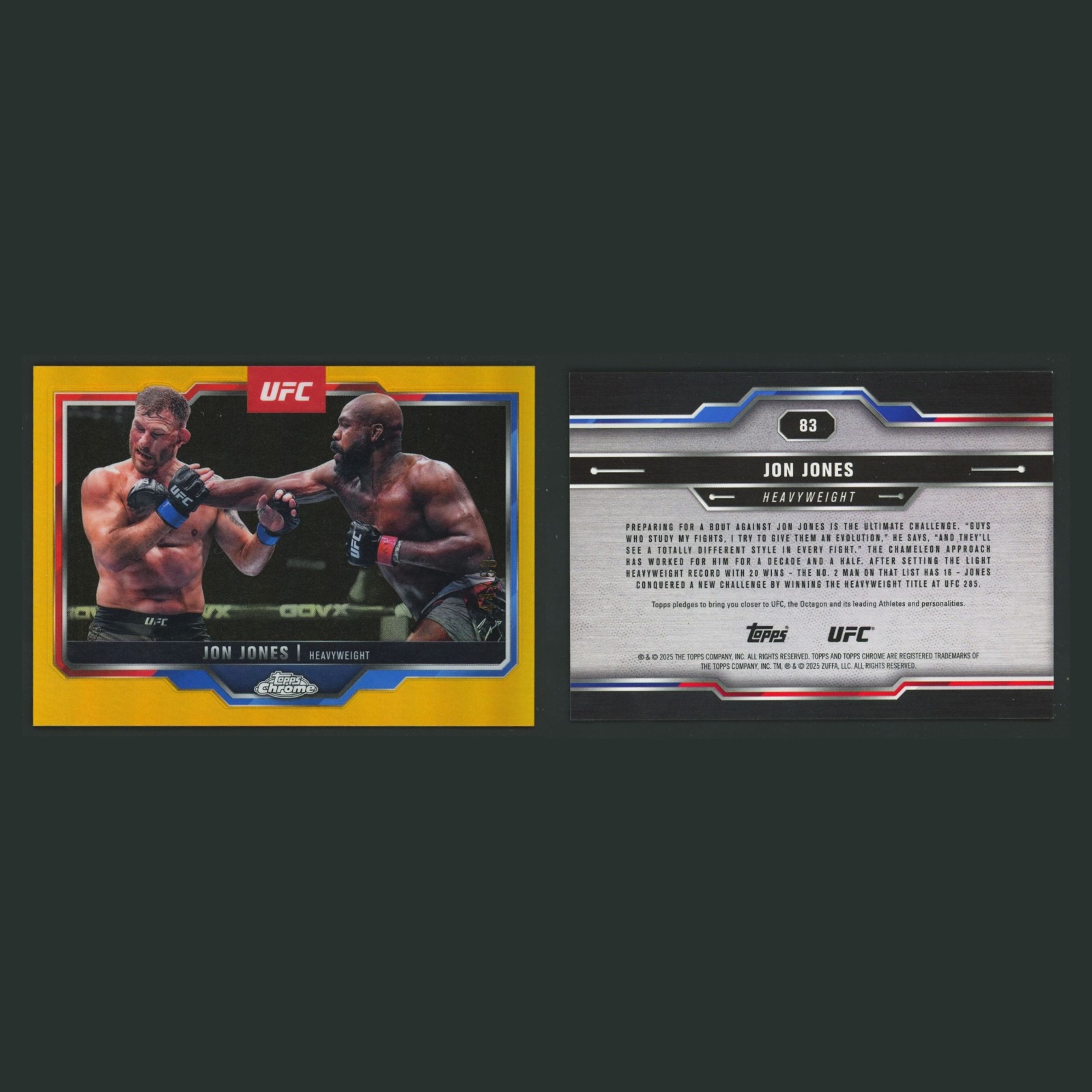 Jon Jones /50 #83 2025 Topps Chrome UFC True Gold Refractor MMA Card front and back scans. Card condition is Near Mint.