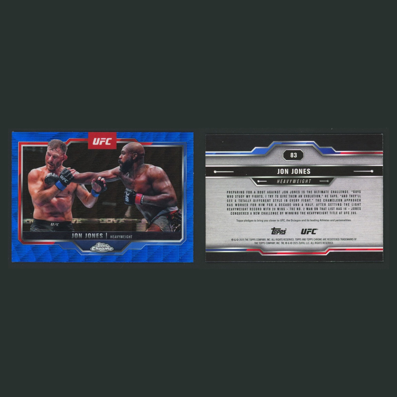 Jon Jones /75 #83 2025 Topps Chrome UFC Blue Wave Refractor MMA Card front and back scans. Card condition is Near Mint.