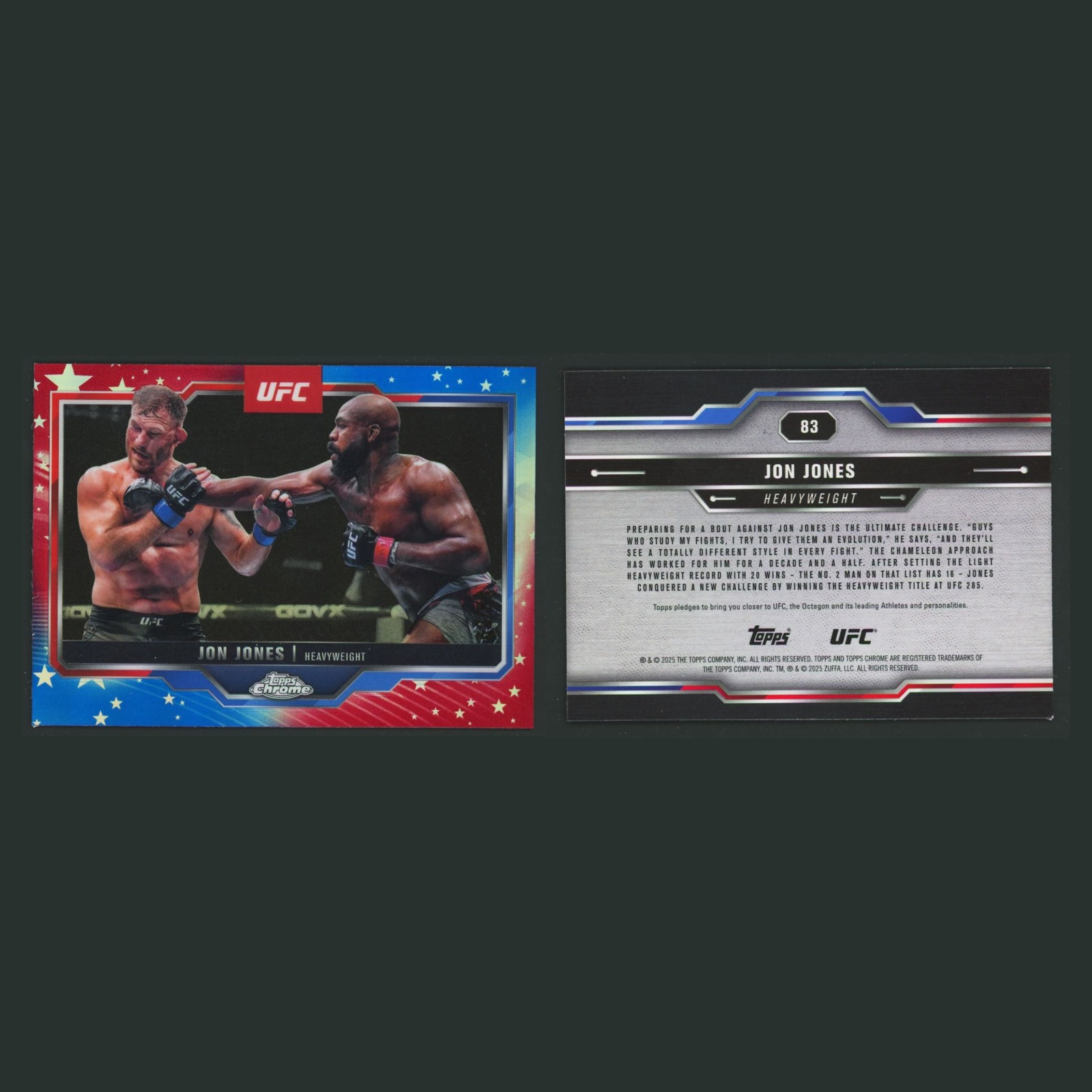 Jon Jones /88 #83 2025 Topps Chrome UFC Red White & Blue Refractor MMA Card front and back scans. Card condition is Near Mint.