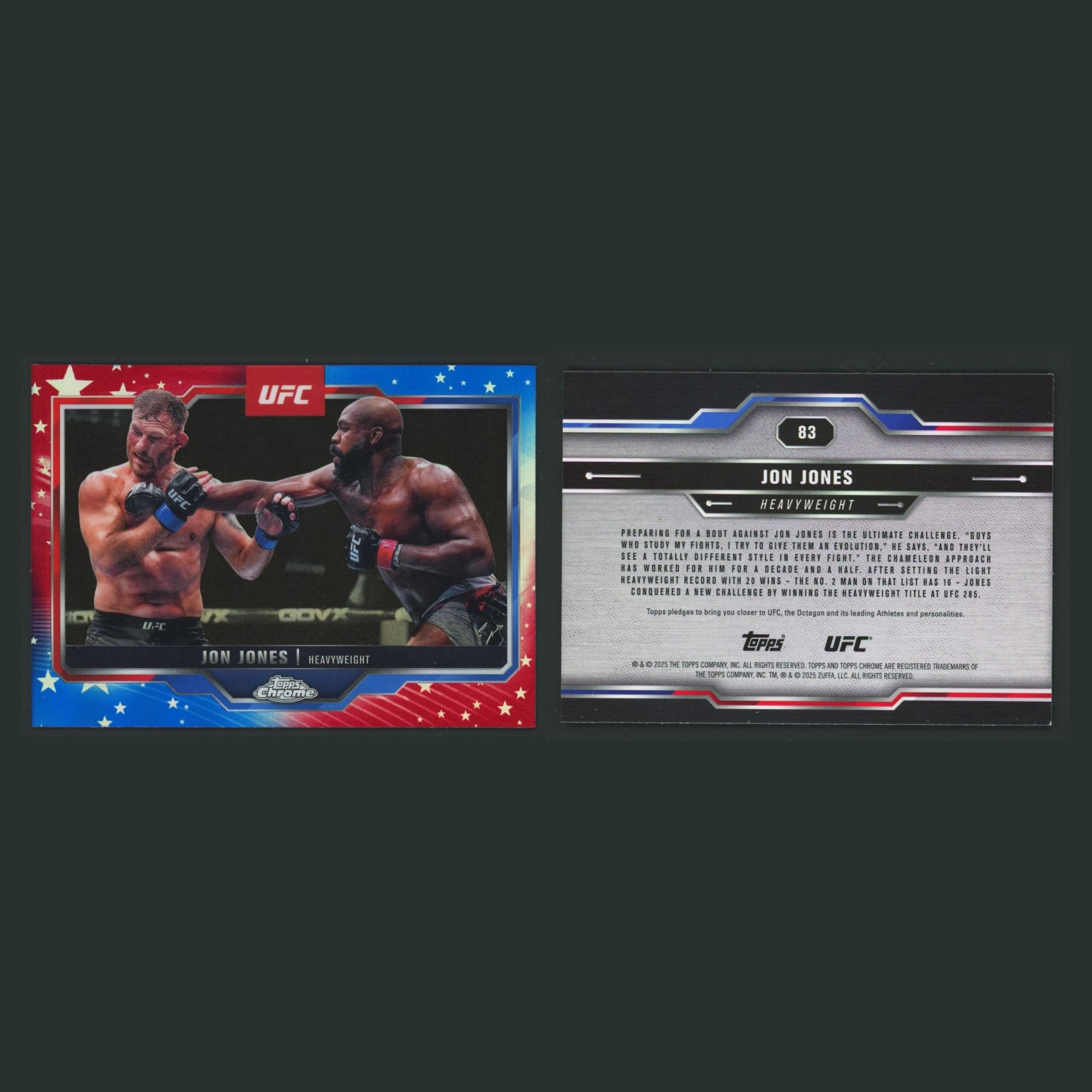 Jon Jones #83 2025 Topps Chrome UFC Red & Blue Refractor MMA Card front and back scans. Card condition is Near Mint.