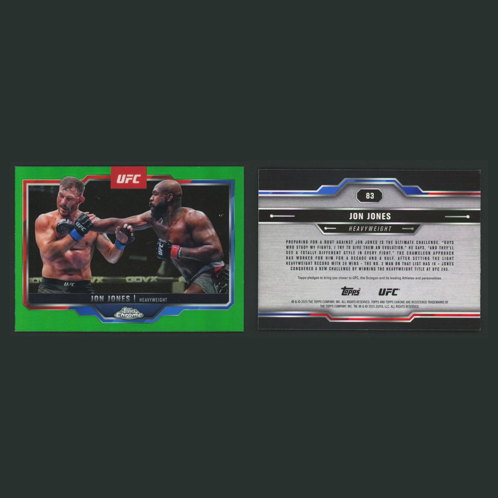 Jon Jones /99 #83 2025 Topps Chrome UFC Green Refractor MMA Card front and back scans. Card condition is Near Mint.