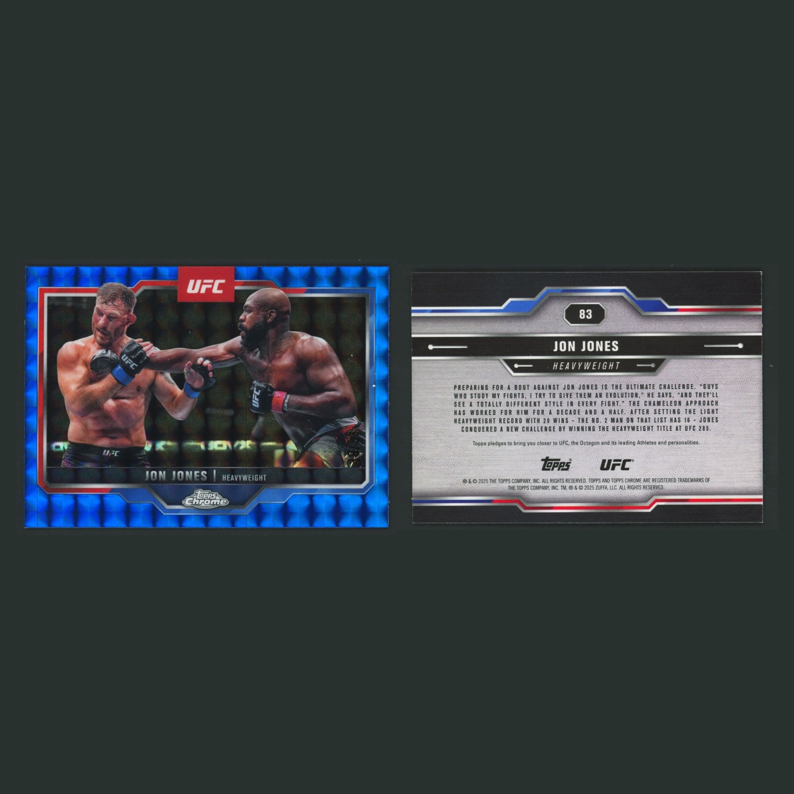 Jon Jones /99 #83 2025 Topps Chrome UFC Geometric Blue Refractor MMA Card front and back scans. Card condition is Near Mint.