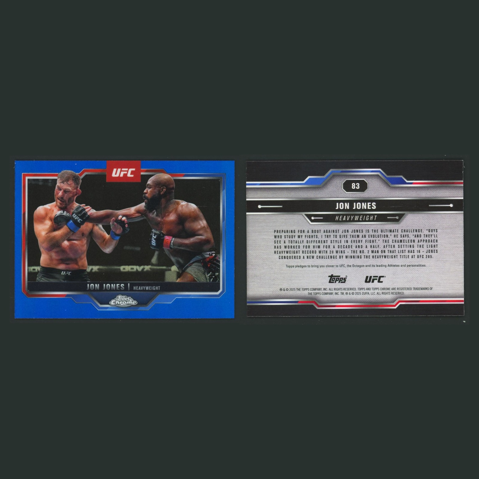 Jon Jones /150 #83 2025 Topps Chrome UFC Blue Refractor MMA Card front and back scans. Card condition is Near Mint.