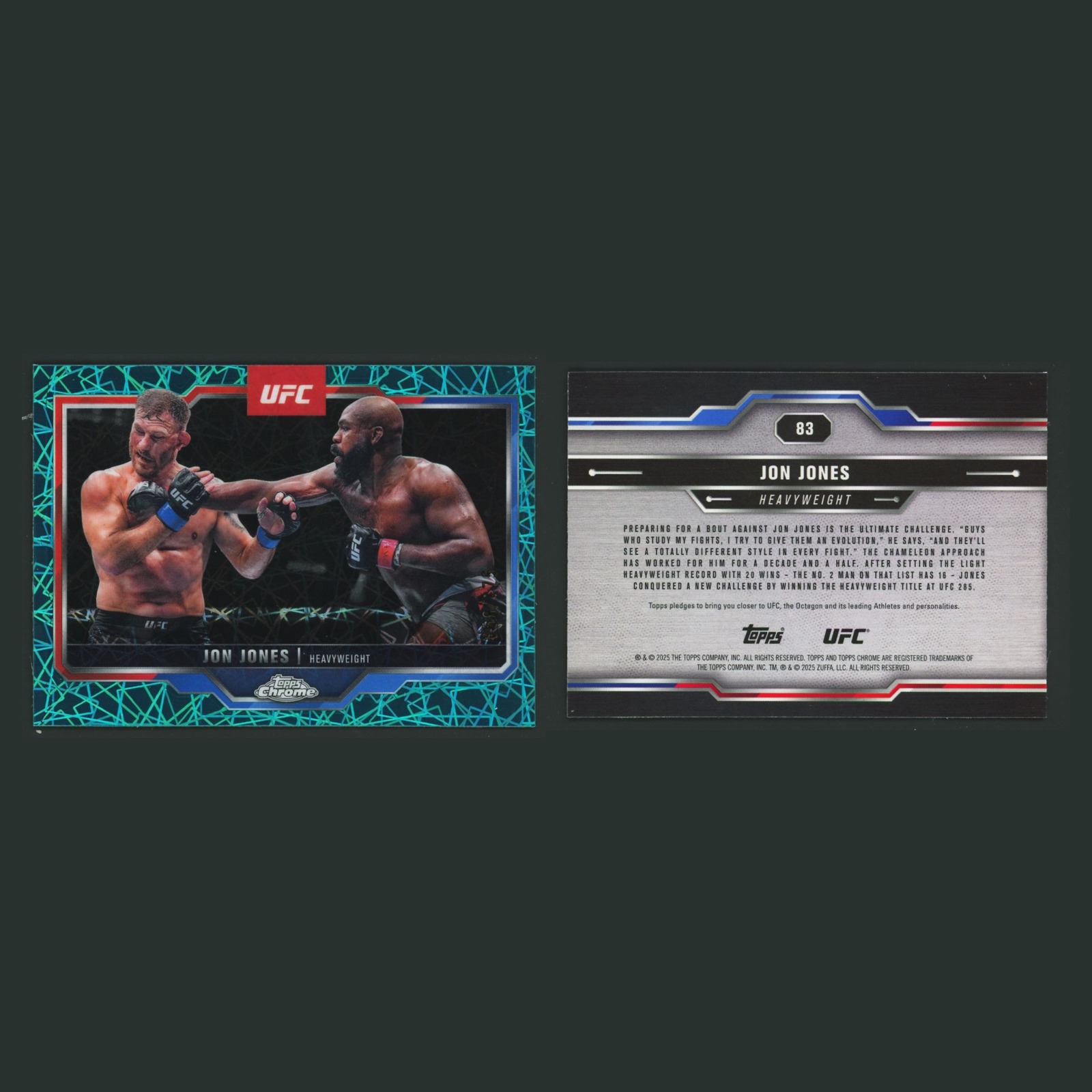 Jon Jones /175 #83 2025 Topps Chrome UFC Teal Lazer Refractor MMA Card front and back scans. Card condition is Near Mint.