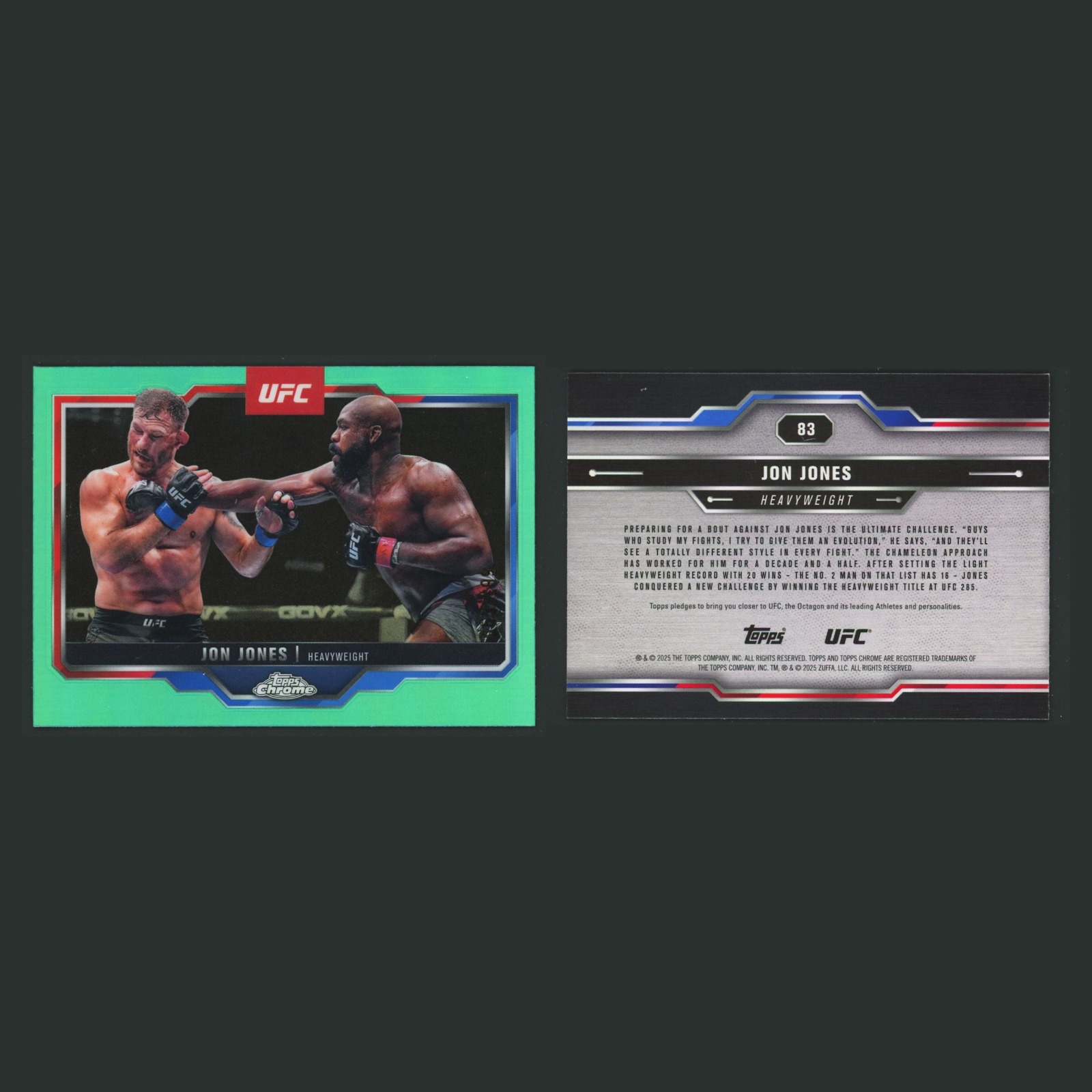 Jon Jones /199 #83 2025 Topps Chrome UFC Aqua Refractor MMA Card front and back scans. Card condition is Near Mint.