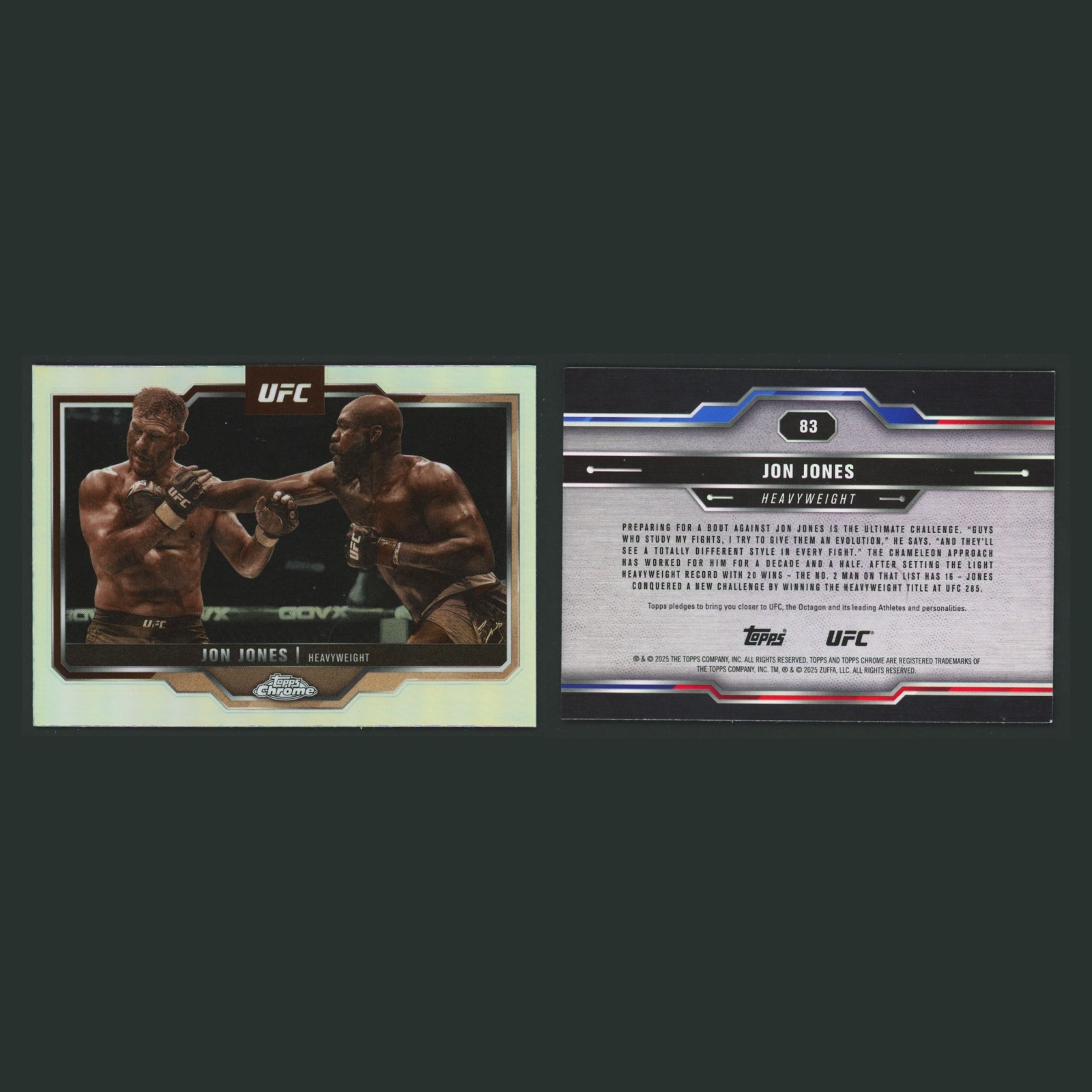 Jon Jones #83 2025 Topps Chrome UFC Sepia Refractor MMA Card front and back scans. Card condition is Near Mint.
