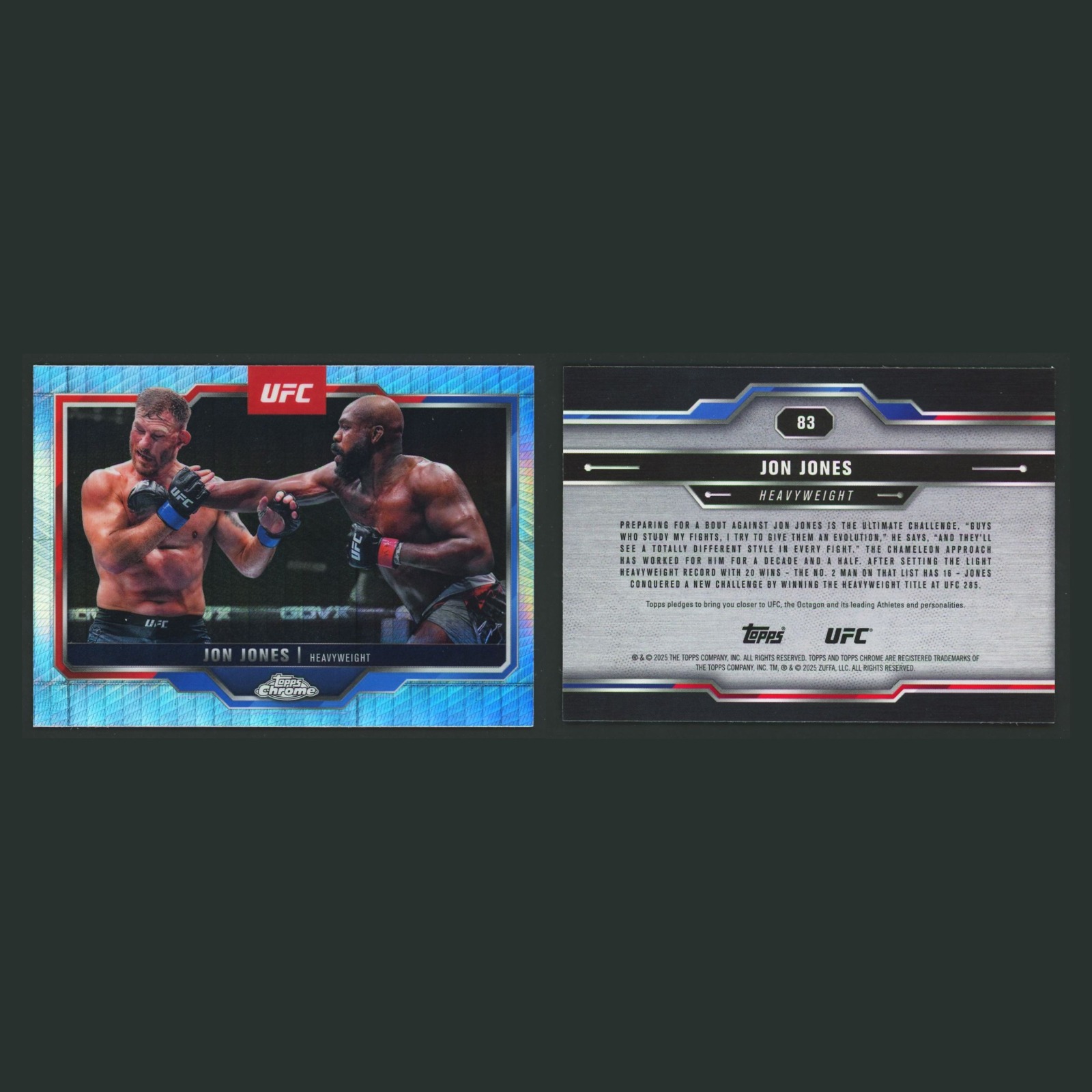 Jon Jones #83 2025 Topps Chrome UFC Prism Refractor MMA Card front and back scans. Card condition is Near Mint.
