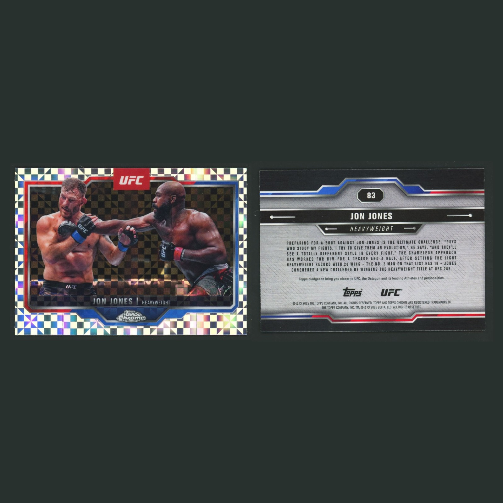 Jon Jones #83 2025 Topps Chrome UFC X-Fractor MMA Card front and back scans. Card condition is Near Mint.