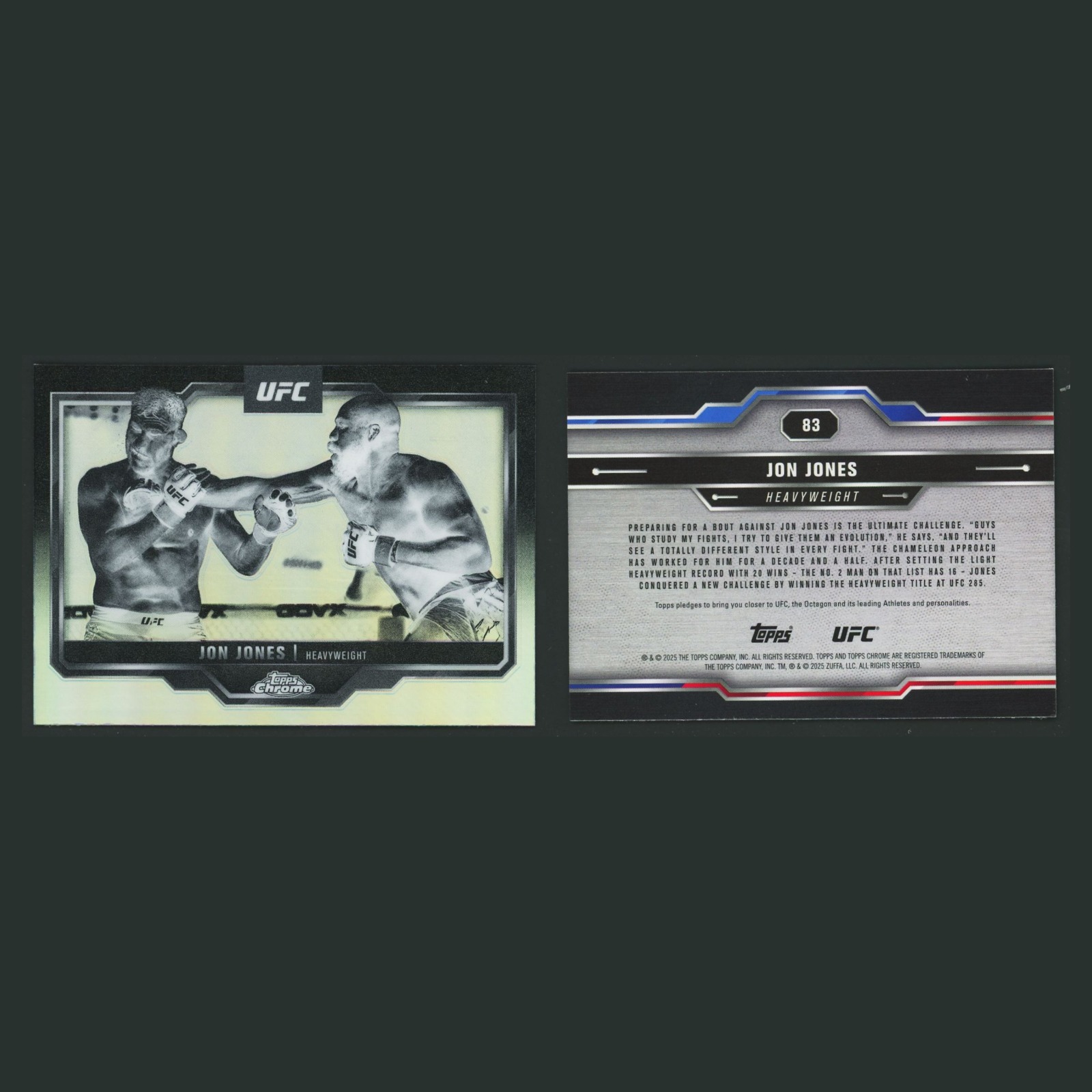 Jon Jones #83 2025 Topps Chrome UFC Negative Refractor MMA Card front and back scans. Card condition is Near Mint.