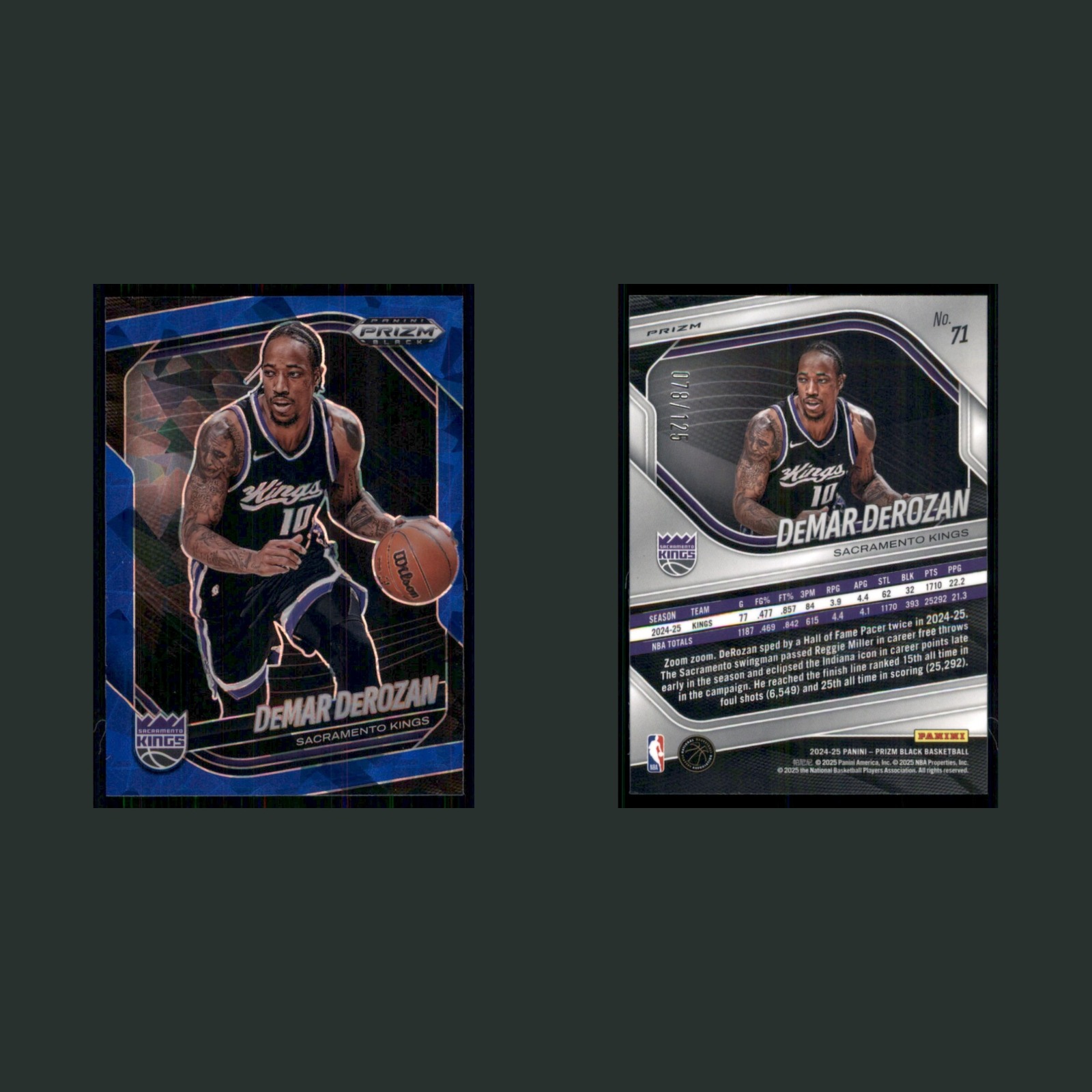 DeMar DeRozan /125 #71 2024-25 Panini Prizm Black Blue Ice Sacramento Kings Card front and back scans. Card condition is Near Mint.
