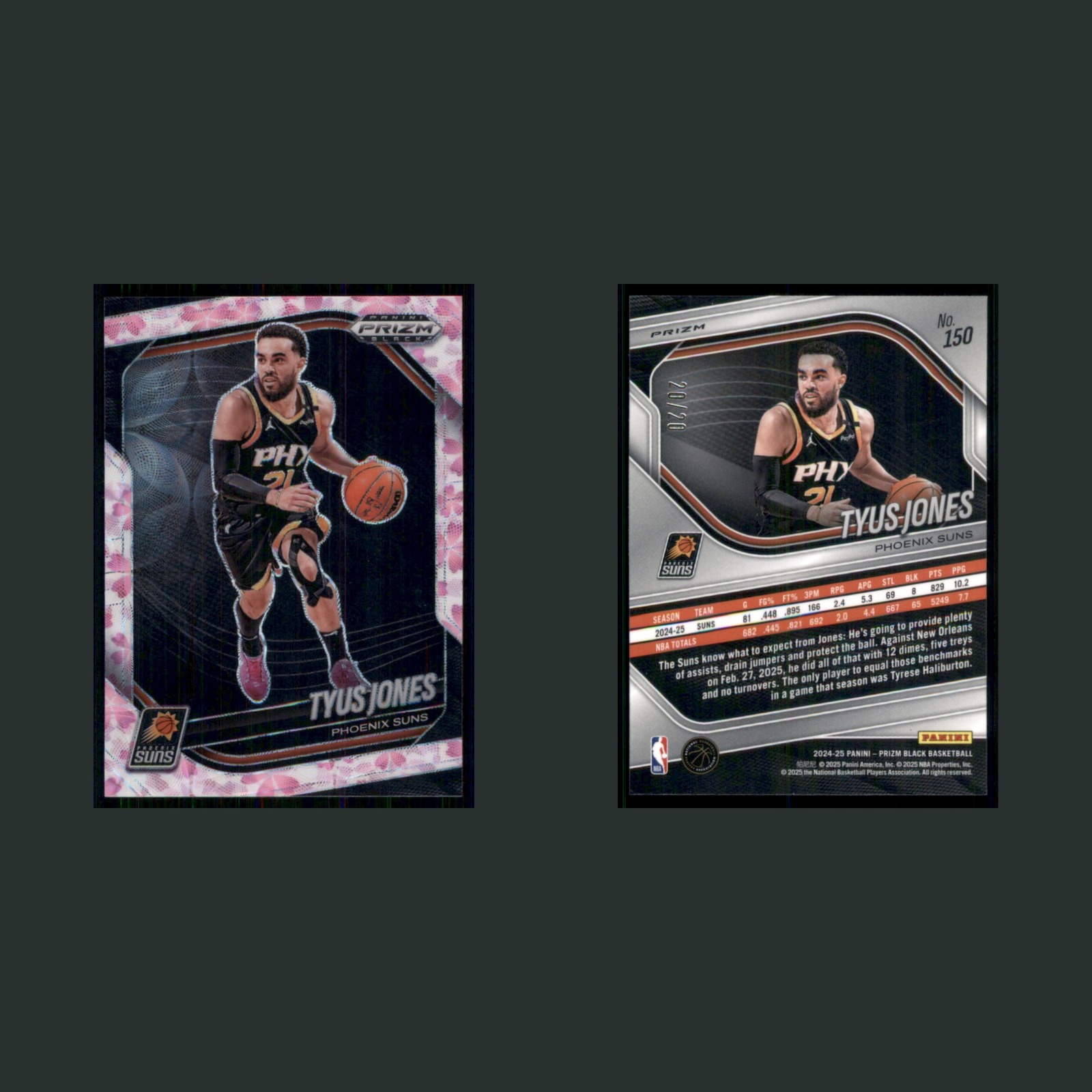 Tyus Jones /20 #150 2024-25 Panini Prizm Black Cherry Blossom Phoenix Suns Card front and back scans. Card condition is Near Mint.