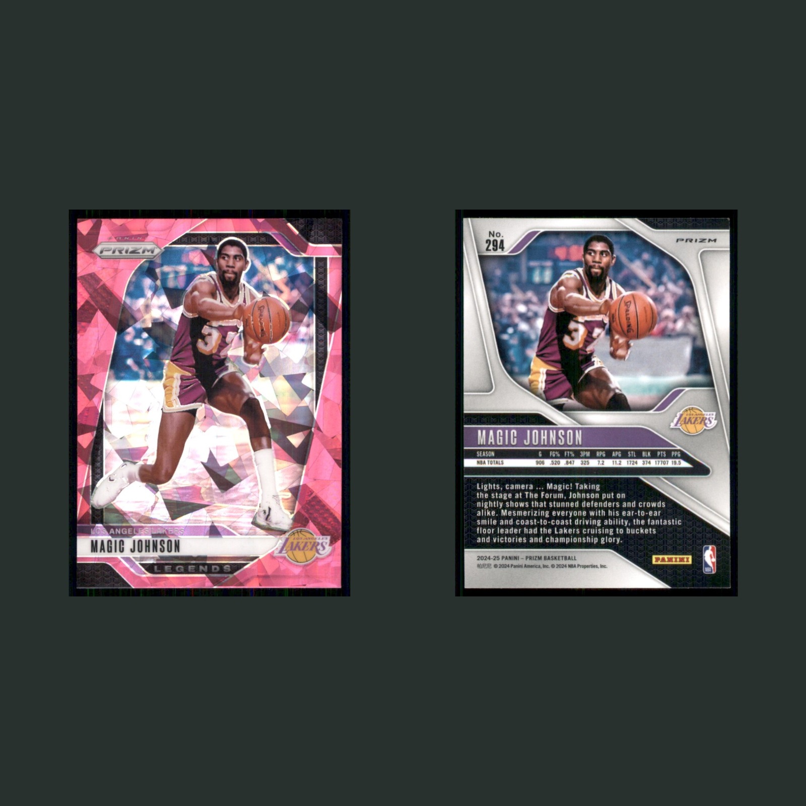 Magic Johnson #294 2024-25 Panini Prizm Pink Ice Los Angeles Lakers Basketball front and back scans. Card condition is Near Mint.