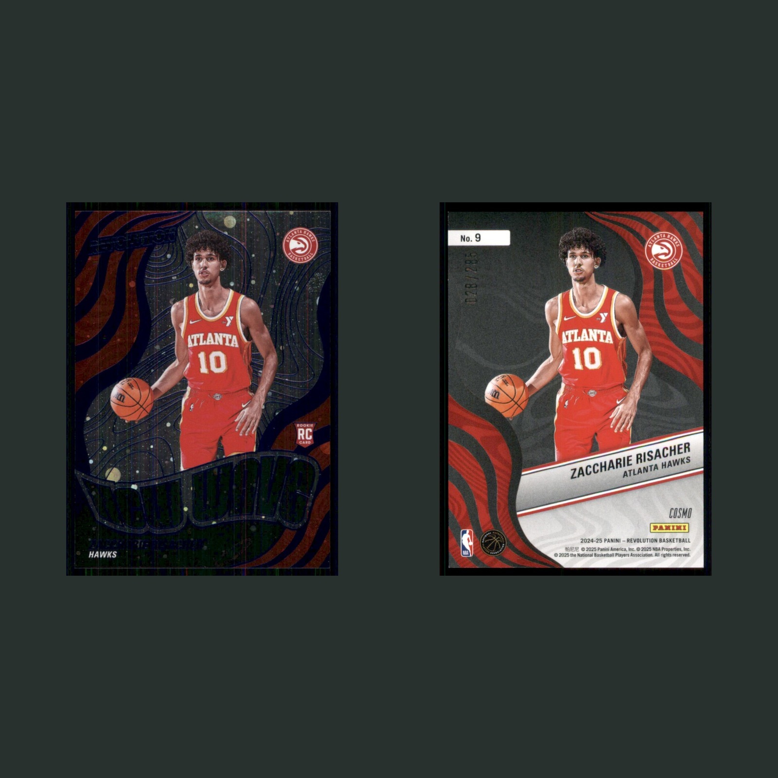 Zaccharie Risacher Rookie /285 #9 2024-25 Panini Revolution New Wave Blue Cosmo front and back scans. Card condition is Near Mint.
