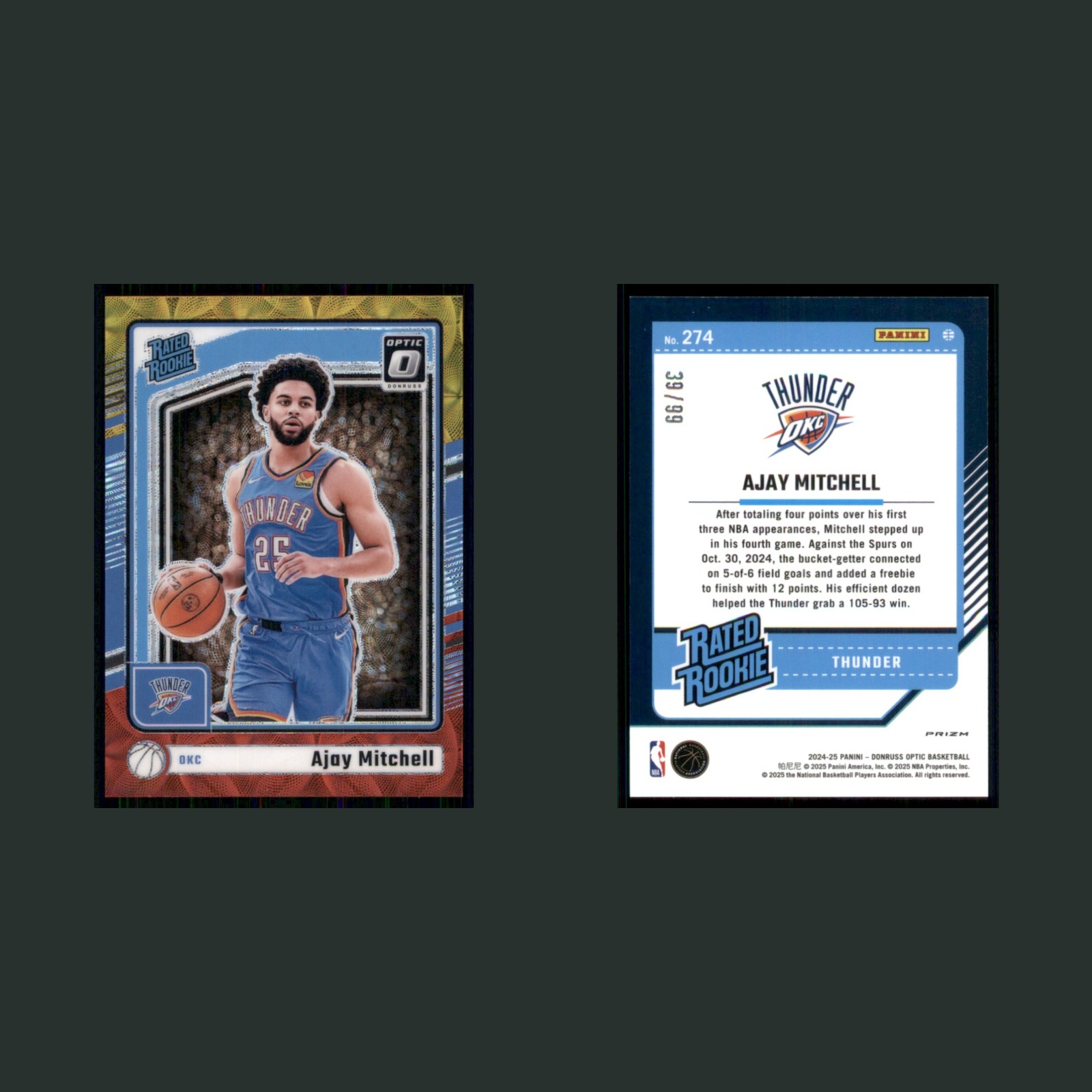 Ajay Mitchell Rookie /99 #274 2024-25 Donruss Optic Red and Gold International front and back scans. Card condition is Near Mint.