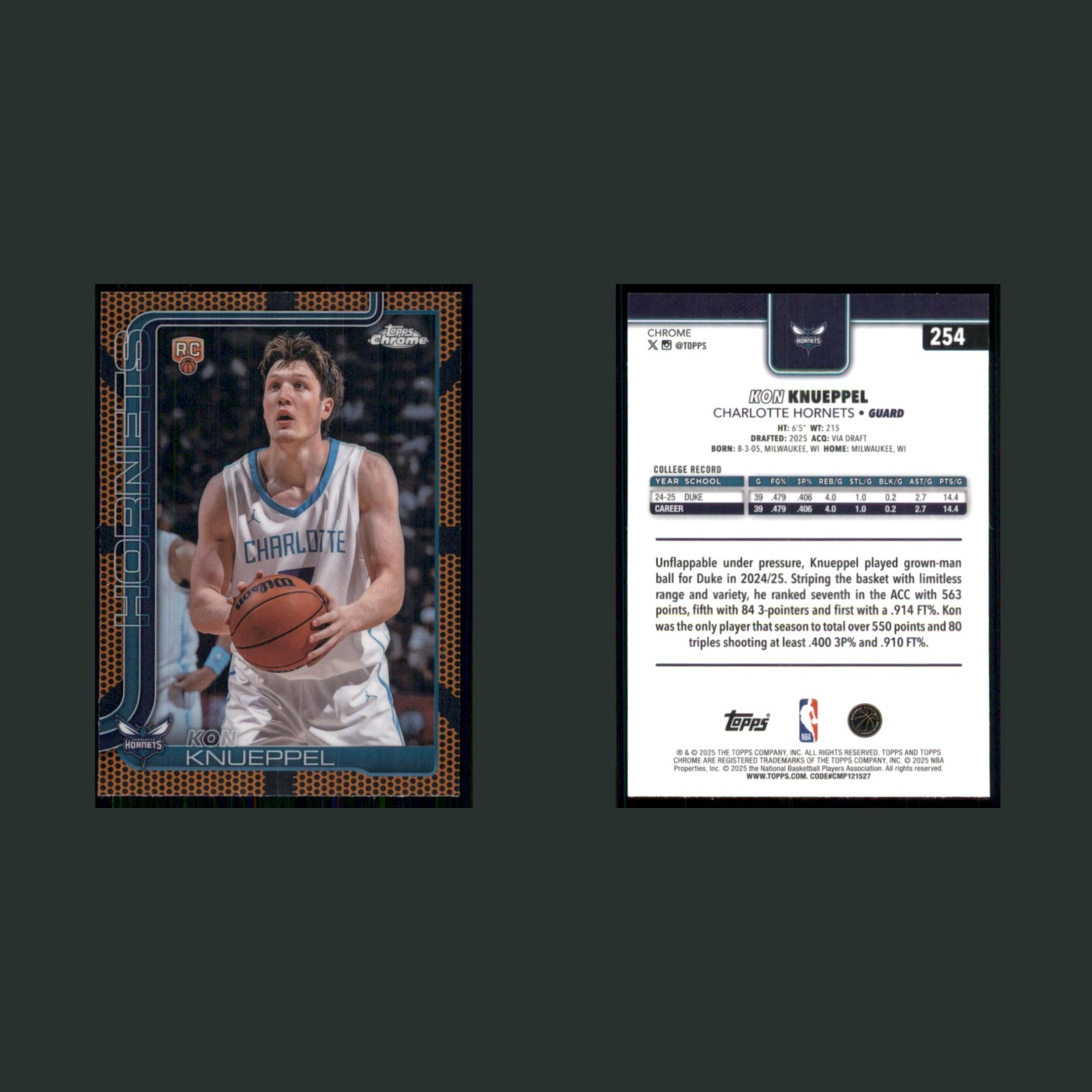Kon Knueppel Rookie #254 2025-26 Topps Chrome Basketball Refractor Hornets Card front and back scans. Card condition is Near Mint.