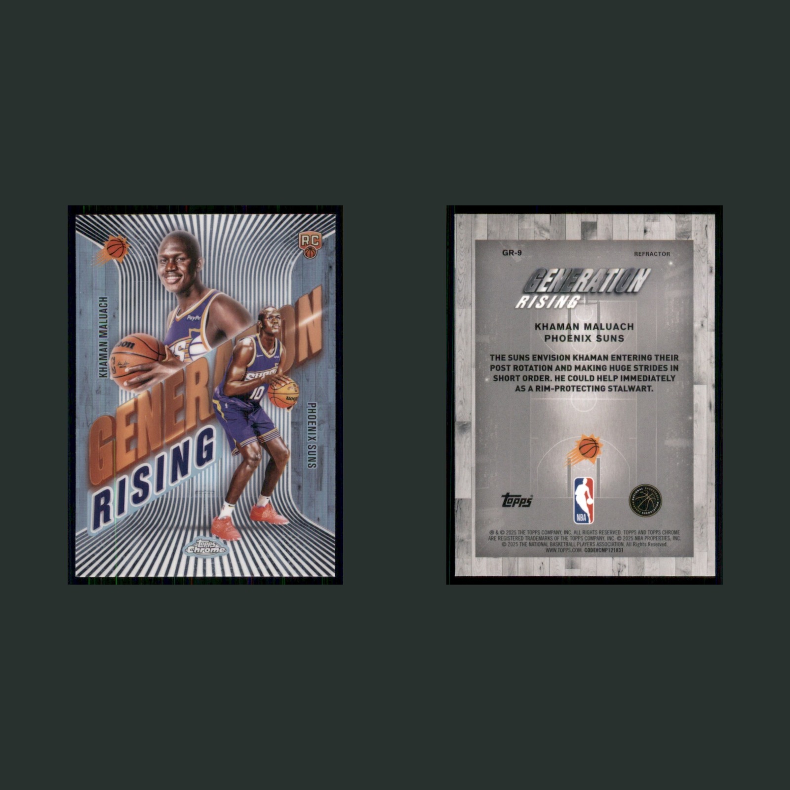 Khaman Maluach #GR-9 2025-26 Topps Chrome Generation Rising Refractor Suns Card front and back scans. Card condition is Near Mint.