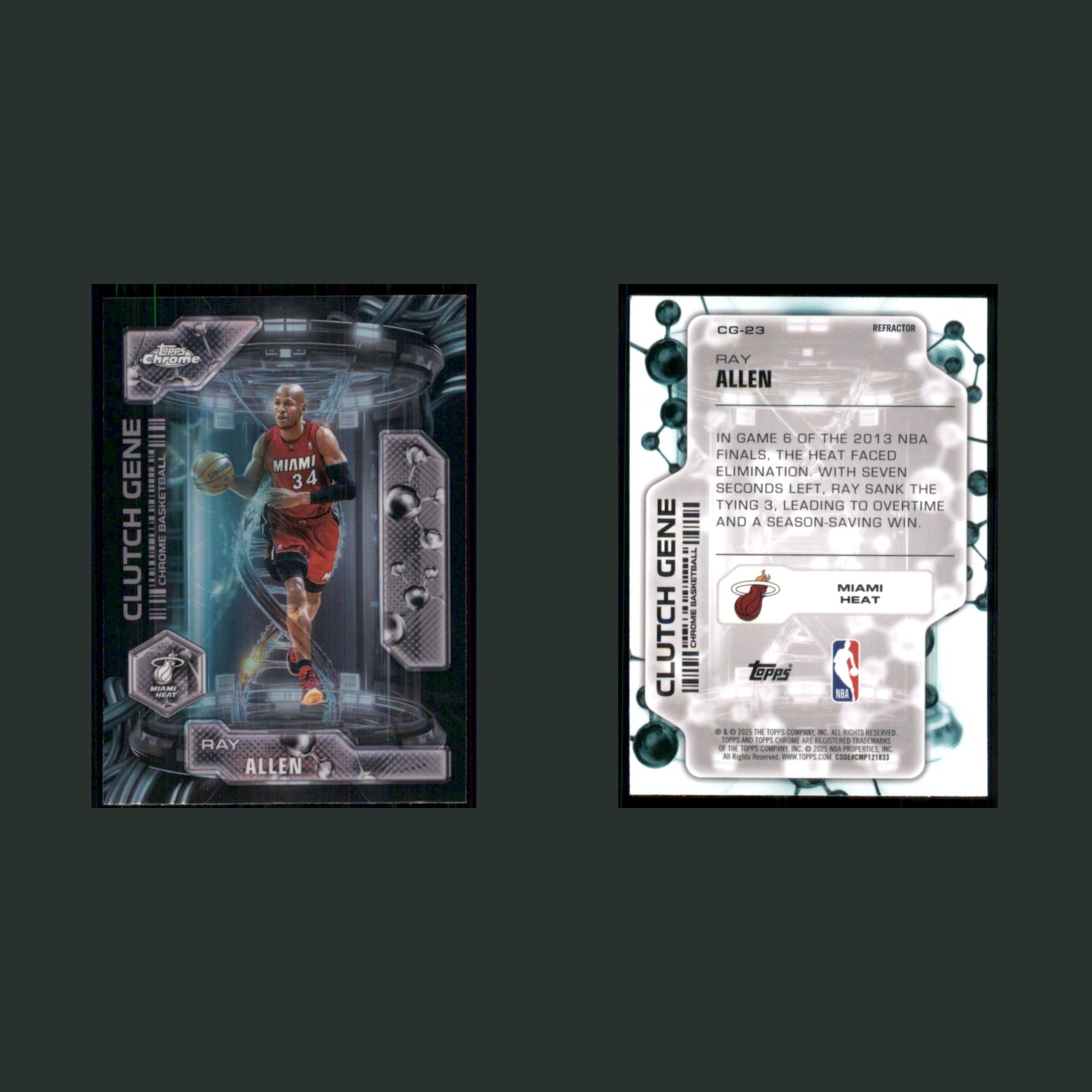 Ray Allen #CG-23 2025-26 Topps Chrome Clutch Gene Refractor Miami Heat Card NBA front and back scans. Card condition is Near Mint.