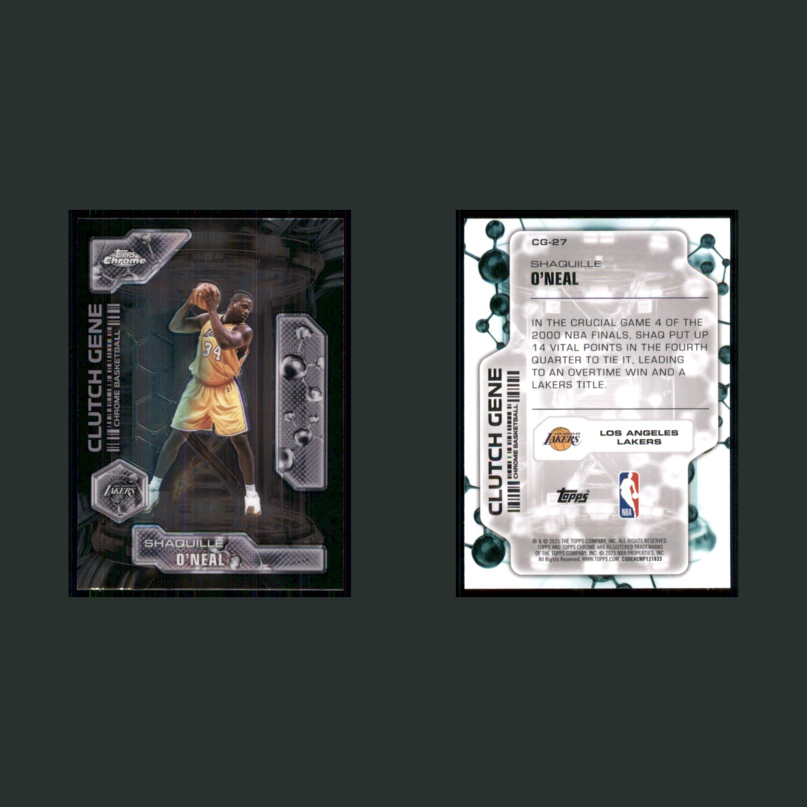 Shaquille O'Neal #CG-27 Shaq 2025-26 Topps Chrome Clutch Gene Los Angeles Lakers front and back scans. Card condition is Near Mint.
