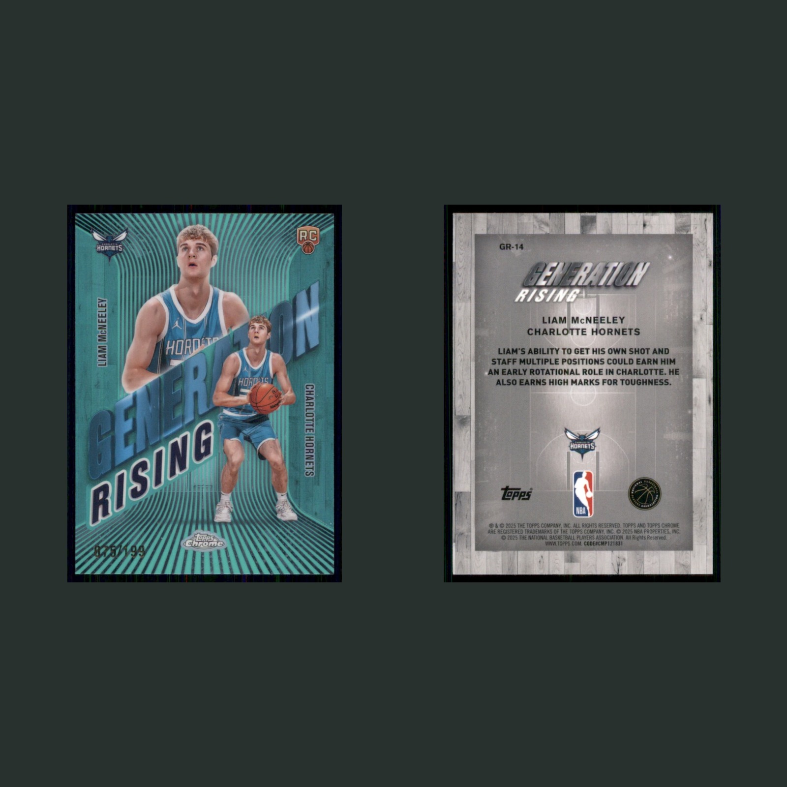 Liam McNeeley Rookie /199 #GR-14 2025-26 Charlotte Hornets Basketball Card NBA front and back scans. Card condition is Near Mint.