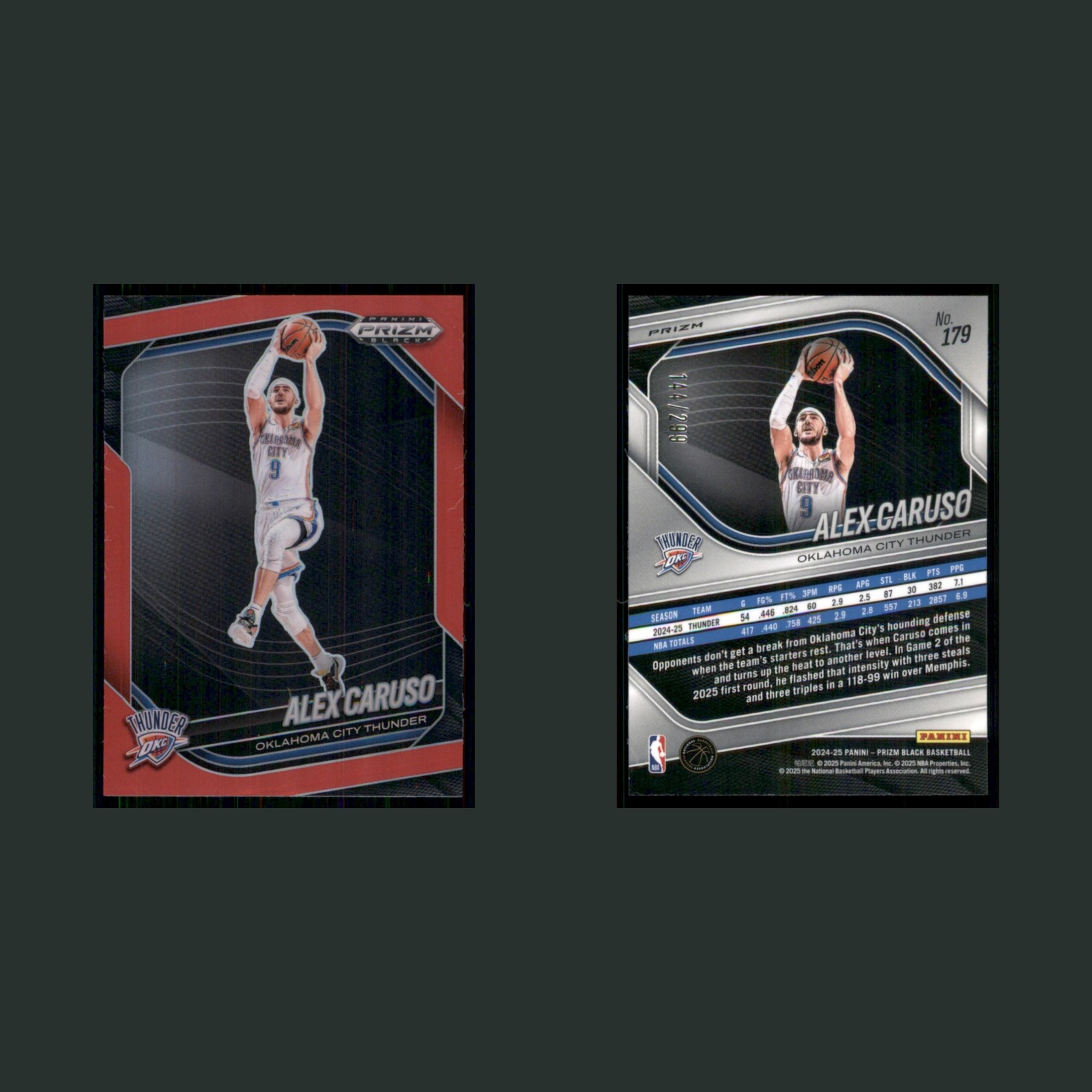 Alex Caruso /299 #179 2024-25 Panini Prizm Black Red Oklahoma City Thunder Card front and back scans. Card condition is Near Mint.