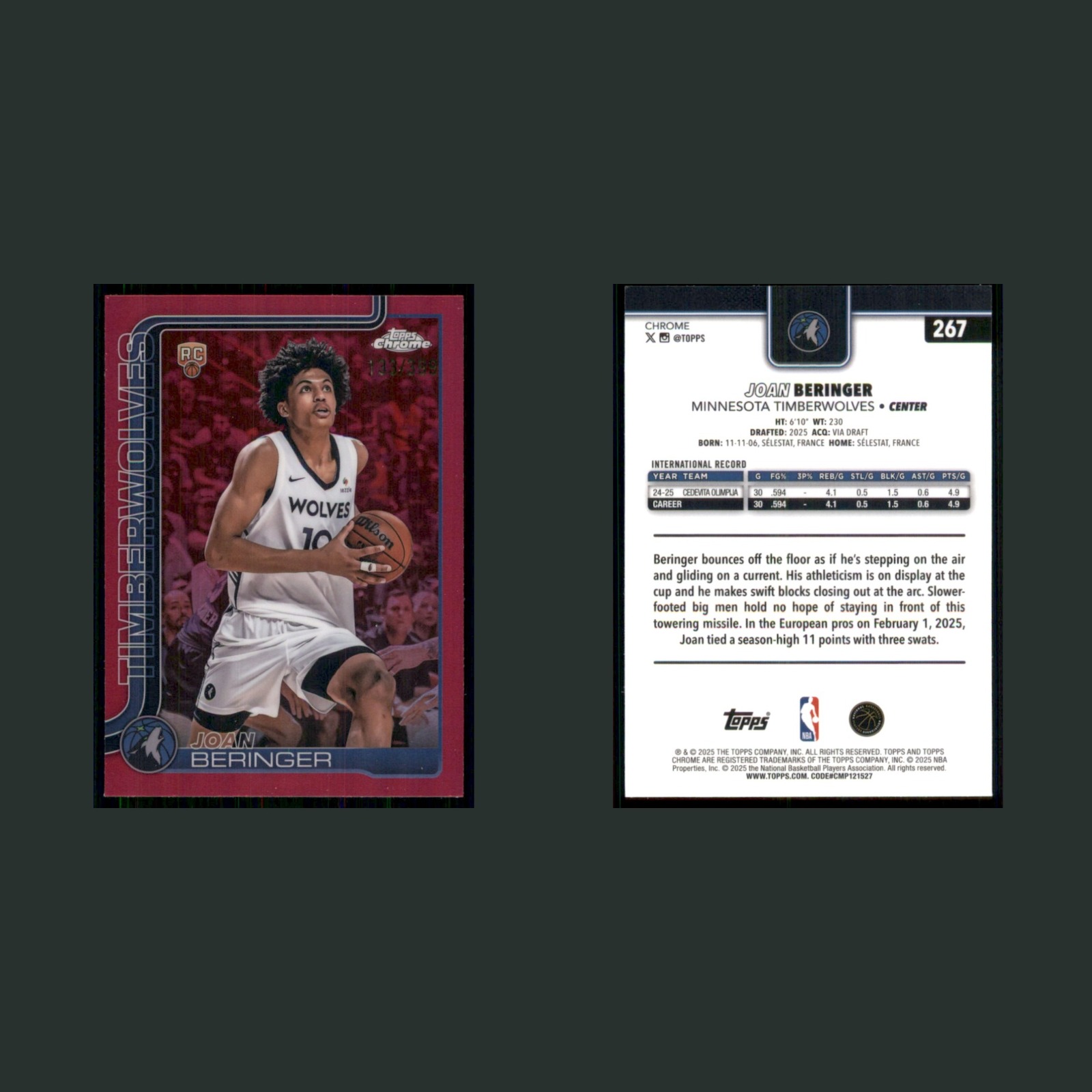 Joan Beringer Rookie /399 #267 2025-26 Topps Chrome Magenta Refractor Basketball front and back scans. Card condition is Near Mint.