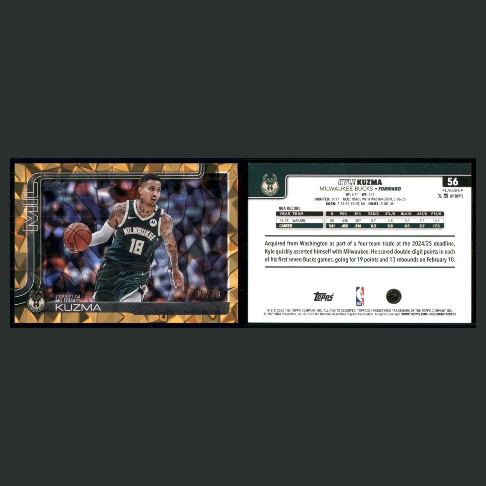 Kyle Kuzma /50 #56 2025-26 Topps Gold Diamante Milwaukee Bucks Basketball Card front and back scans. Card condition is Near Mint.