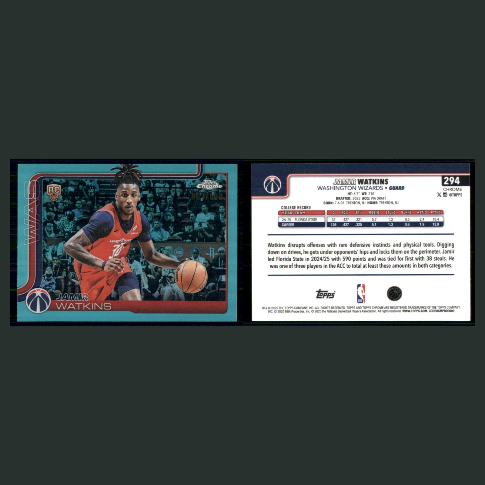 Jamir Watkins Rookie /199 #294 2025-26 Topps Chrome Aqua Refractor Wizards Card front and back scans. Card condition is Near Mint.