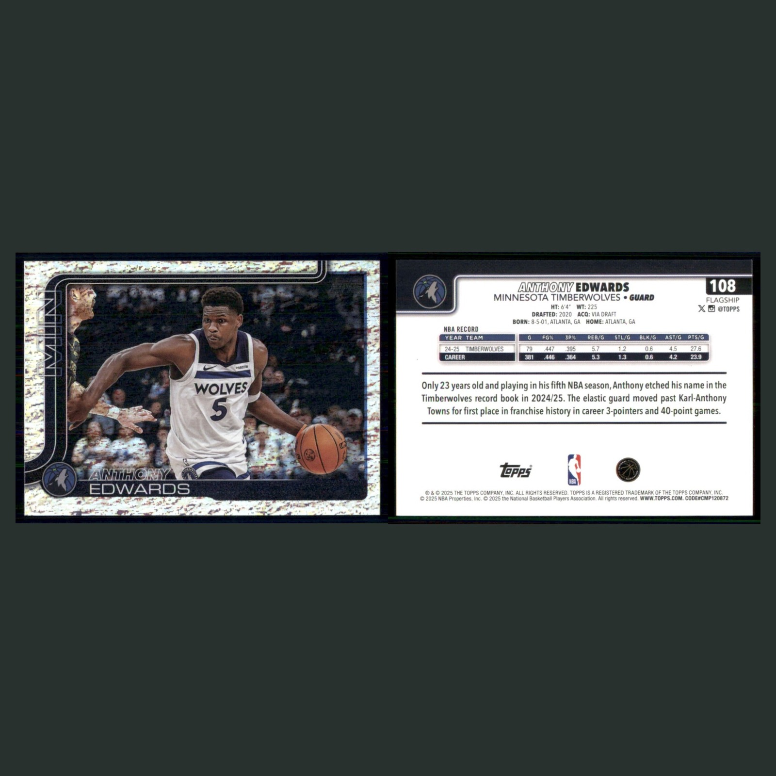 Anthony Edwards #108 2025-26 Topps Shimmer Foil Minnesota Timberwolves Card NBA front and back scans. Card condition is Near Mint.