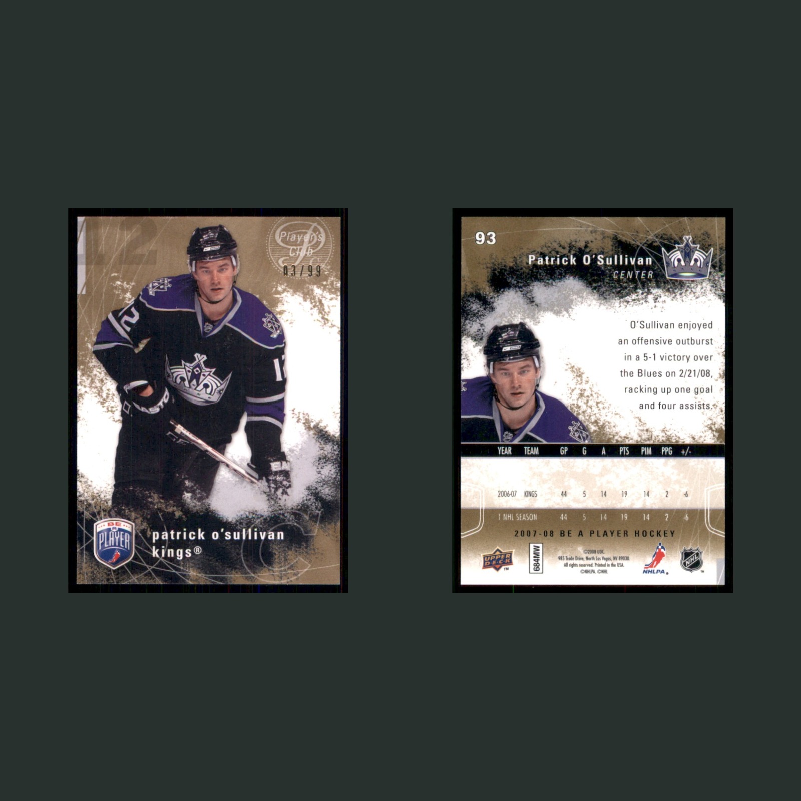 Patrick O'Sullivan /99 #93 2007-08 Upper Deck Be a Player Player's Club Hockey front and back scans. Card condition is Near Mint.
