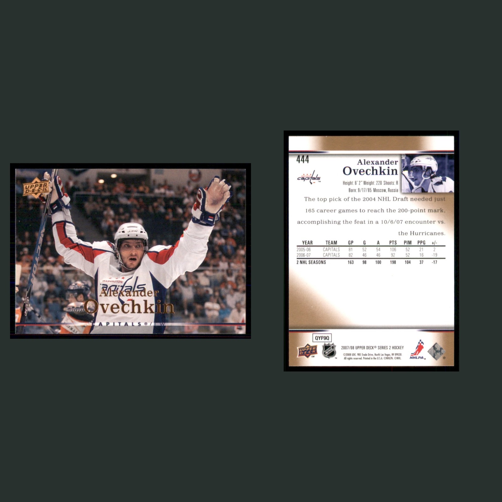 Alexander Ovechkin #444 2007-08 Upper Deck Washington Capitals Hockey Card NHL front and back scans. Card condition is Near Mint.