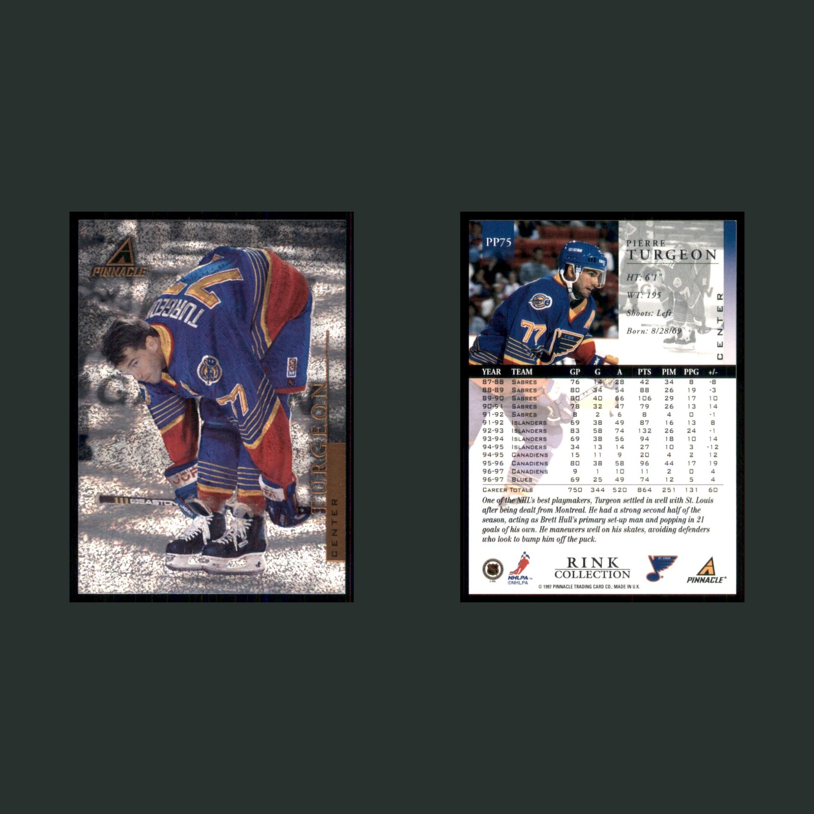 Pierre Turgeon #PP75 1997-98 Pinnacle Rink Collection St. Louis Blues Hockey NHL front and back scans. Card condition is Near Mint.