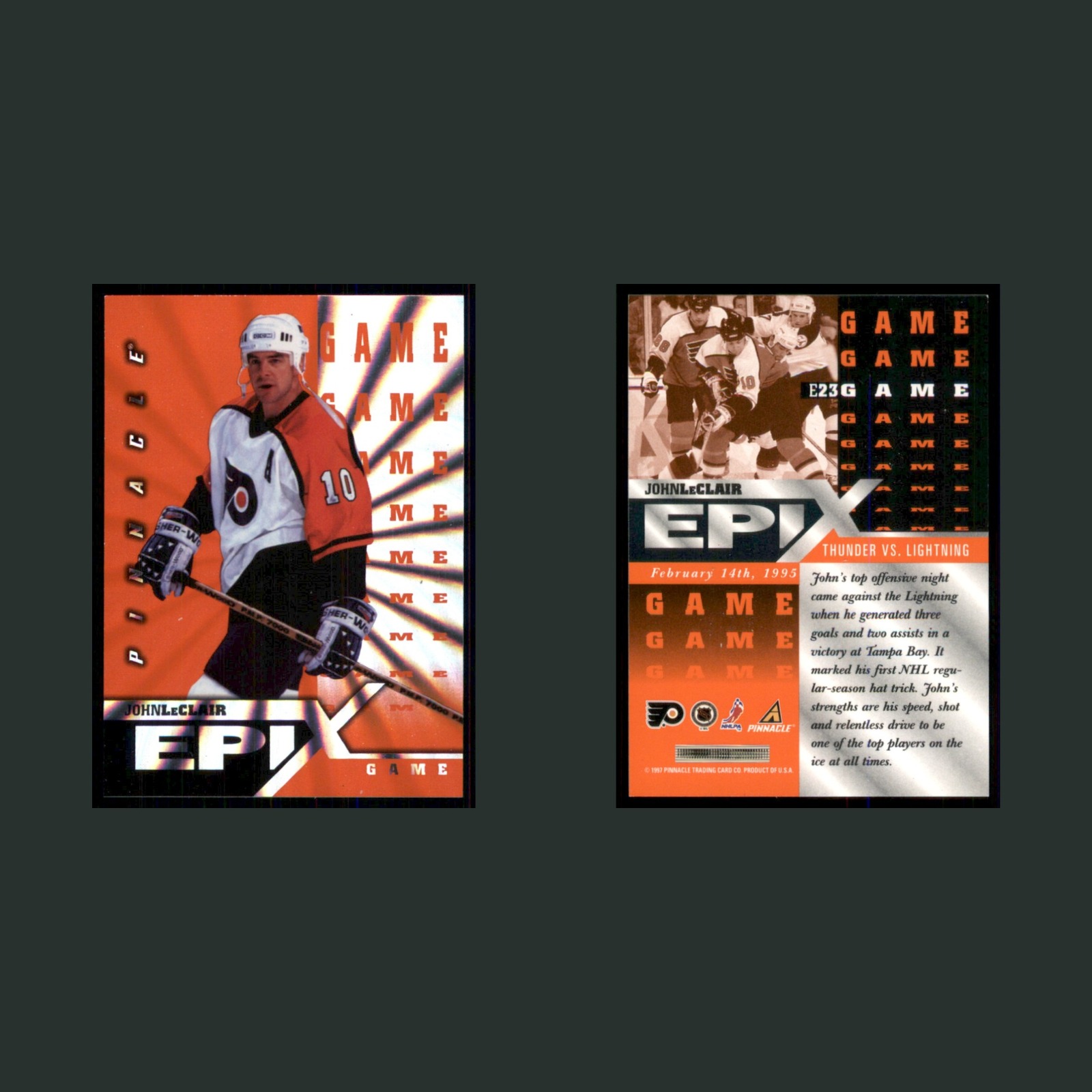 John LeClair #E23 1997-98 Epix Orange Game Philadelphia Flyers Hockey Card NHL front and back scans. Card condition is Near Mint.