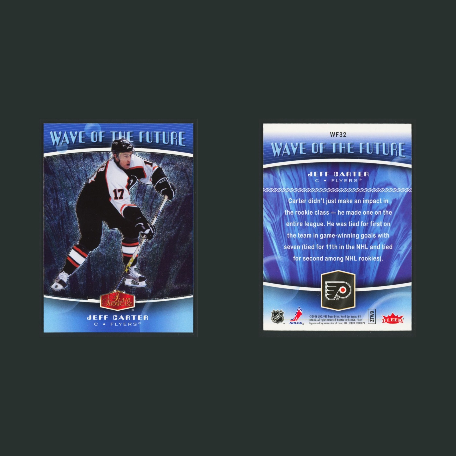 Jeff Carter #WF32 2006-07 Flair Showcase Wave of the Future Philadelphia Flyers front and back scans. Card condition is Near Mint.