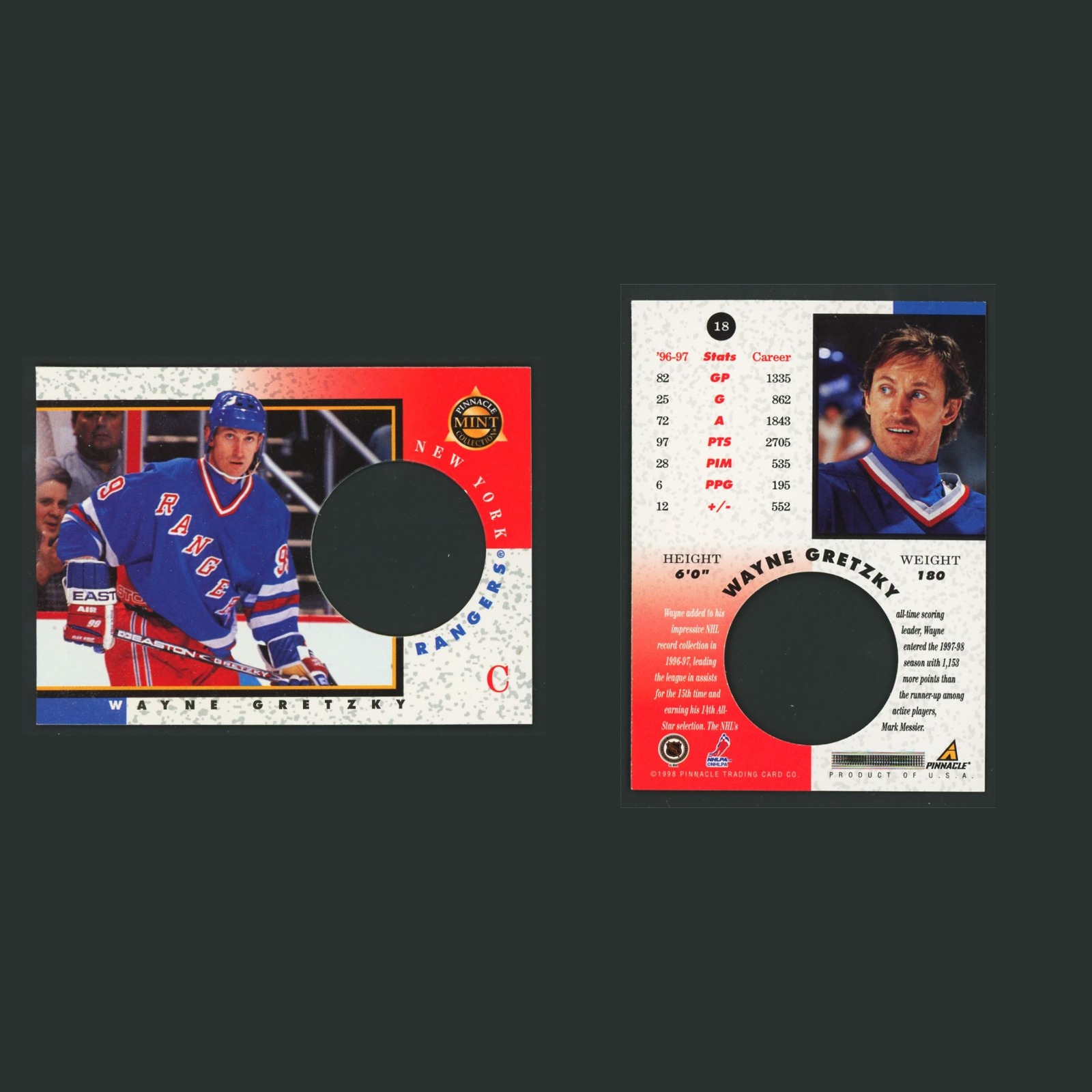 Wayne Gretzky #18 1997-98 Pinnacle Mint New York Rangers Hockey Card NHL front and back scans. Card condition is Near Mint.
