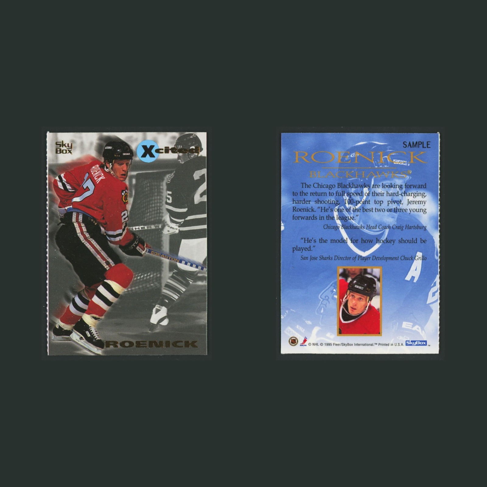 Jeremy Roenick #SAMPLE 1995-96 Skybox Xcited Perforated Chicago Blackhawks Card front and back scans. Card condition is Very Good.