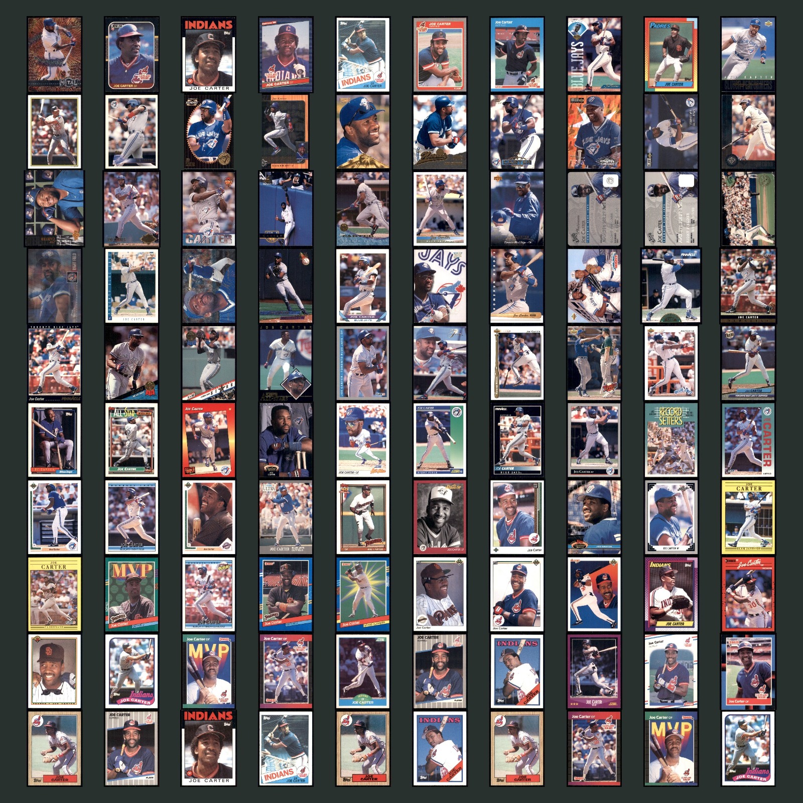 Joe Carter Lot 100 Baseball Cards 1996 Metal Universe Toronto Blue Jays Set MLB card scans. Overall card condition is Near Mint.
