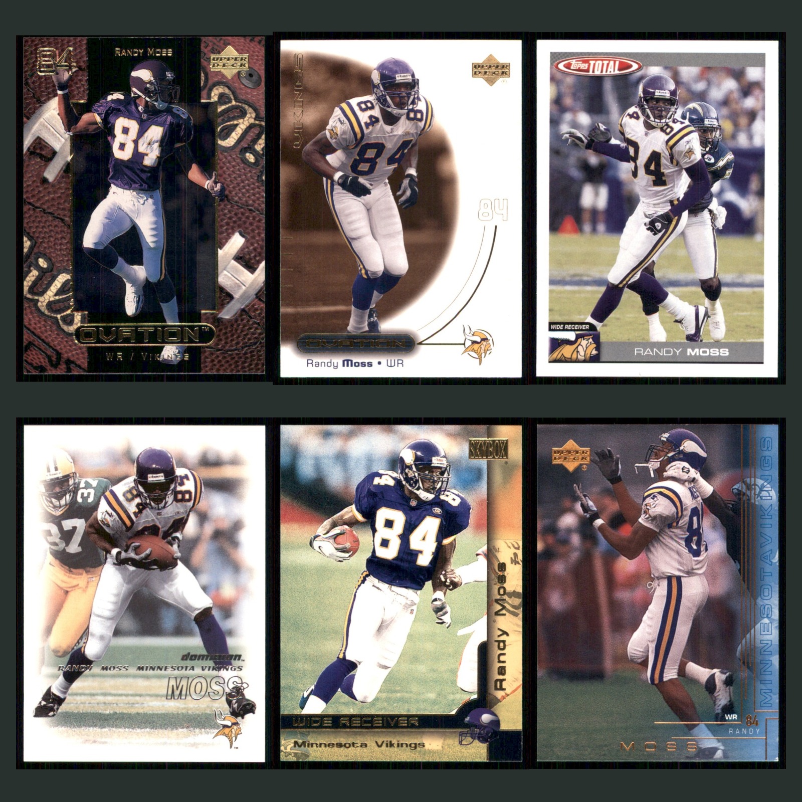 Randy Moss Lot 6 Football Cards 1999 Upper Deck Ovation Minnesota Vikings Set NM card scans. Overall card condition is Near Mint.